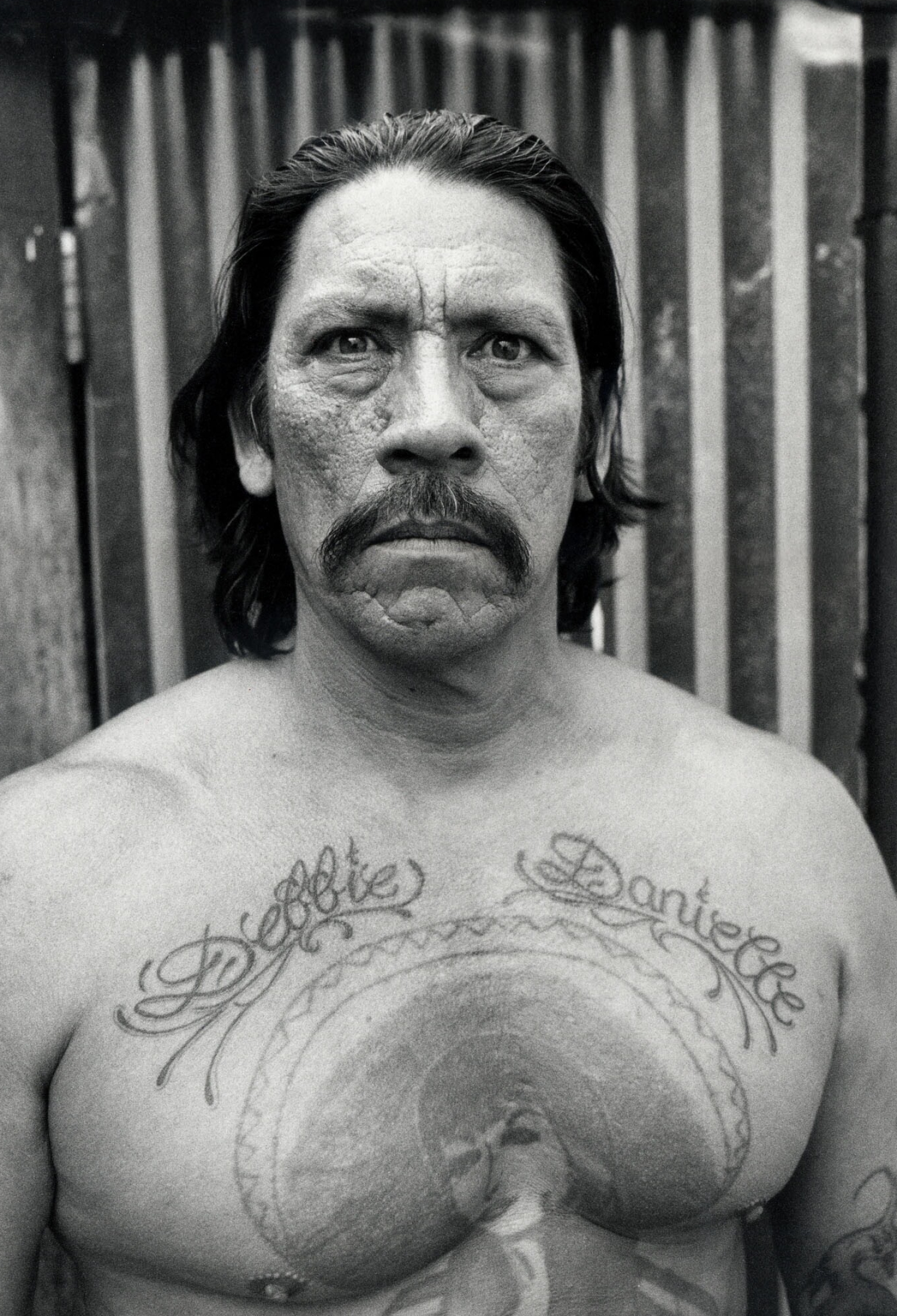 Danny Trejo: A heavily lined face, Scarred from boxing brawls, The long hair, The mustache, The large tattoo on the chest. 1500x2200 HD Background.