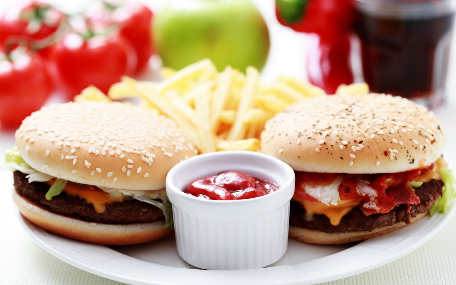 Hamburger: Prepared by hand from ground beef, French fries. 1920x1200 HD Background.