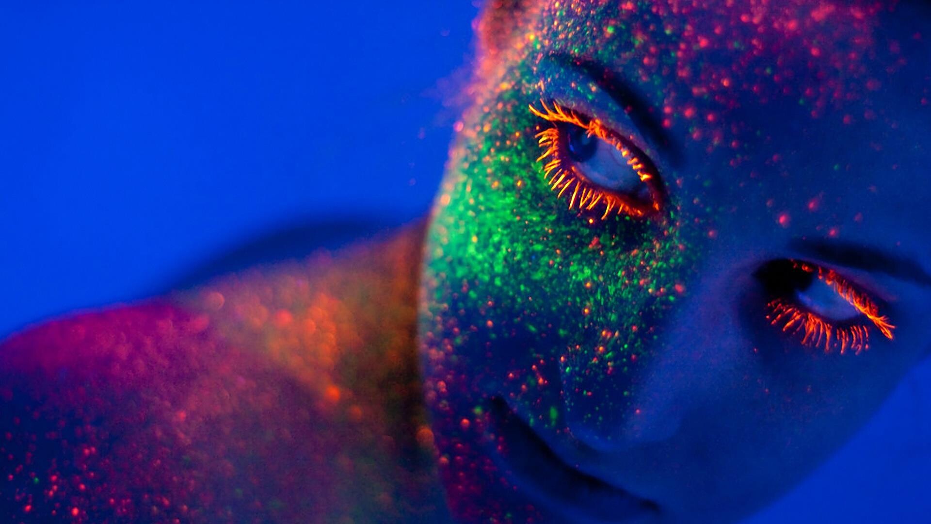 Glow in the Dark: Fluorescent face, Neon lights, Glowing makeup, Body art. 1920x1080 Full HD Background.