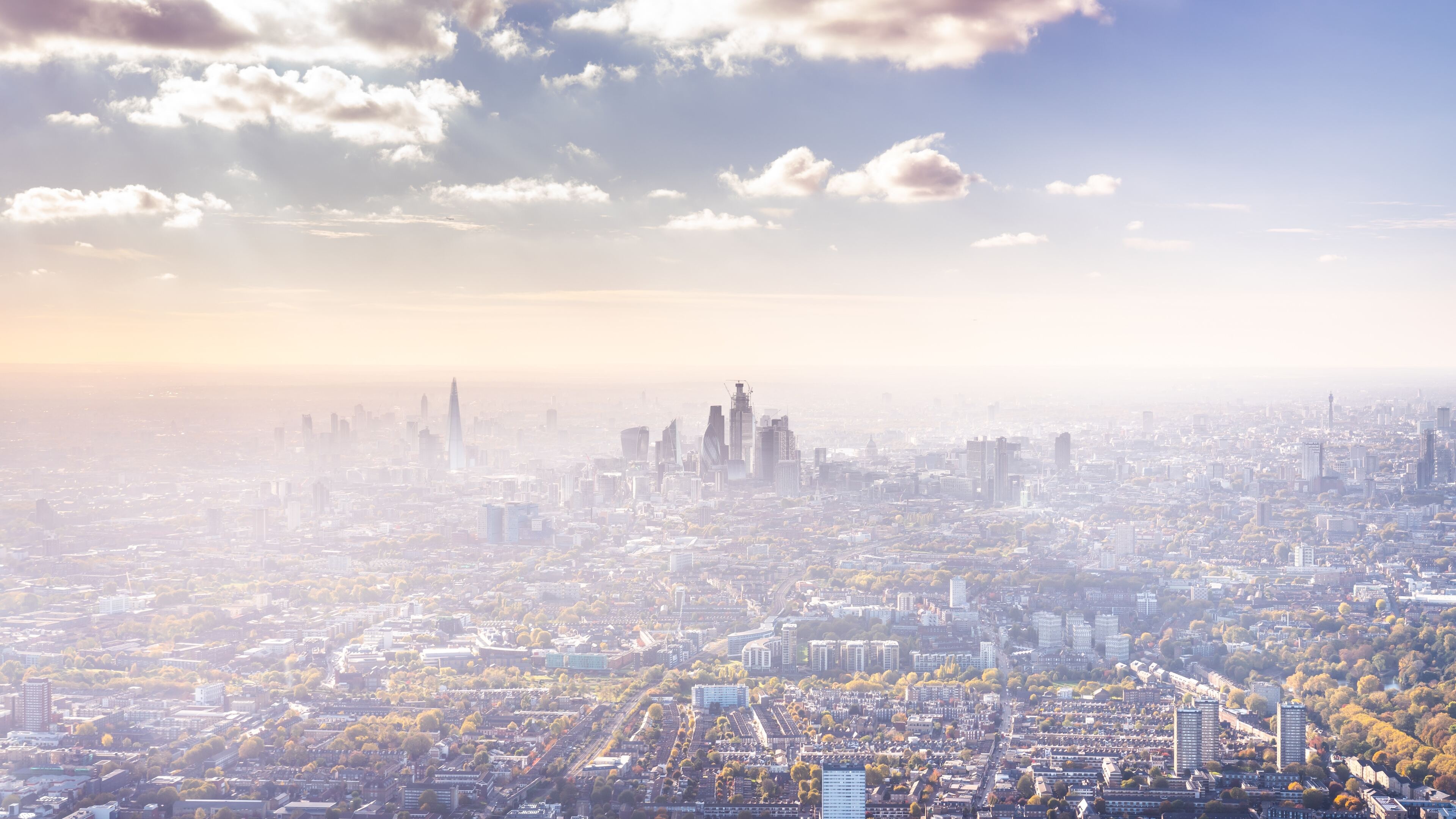 London: Skyline, Aerial view, Capital of the United Kingdom. 3840x2160 4K Background.