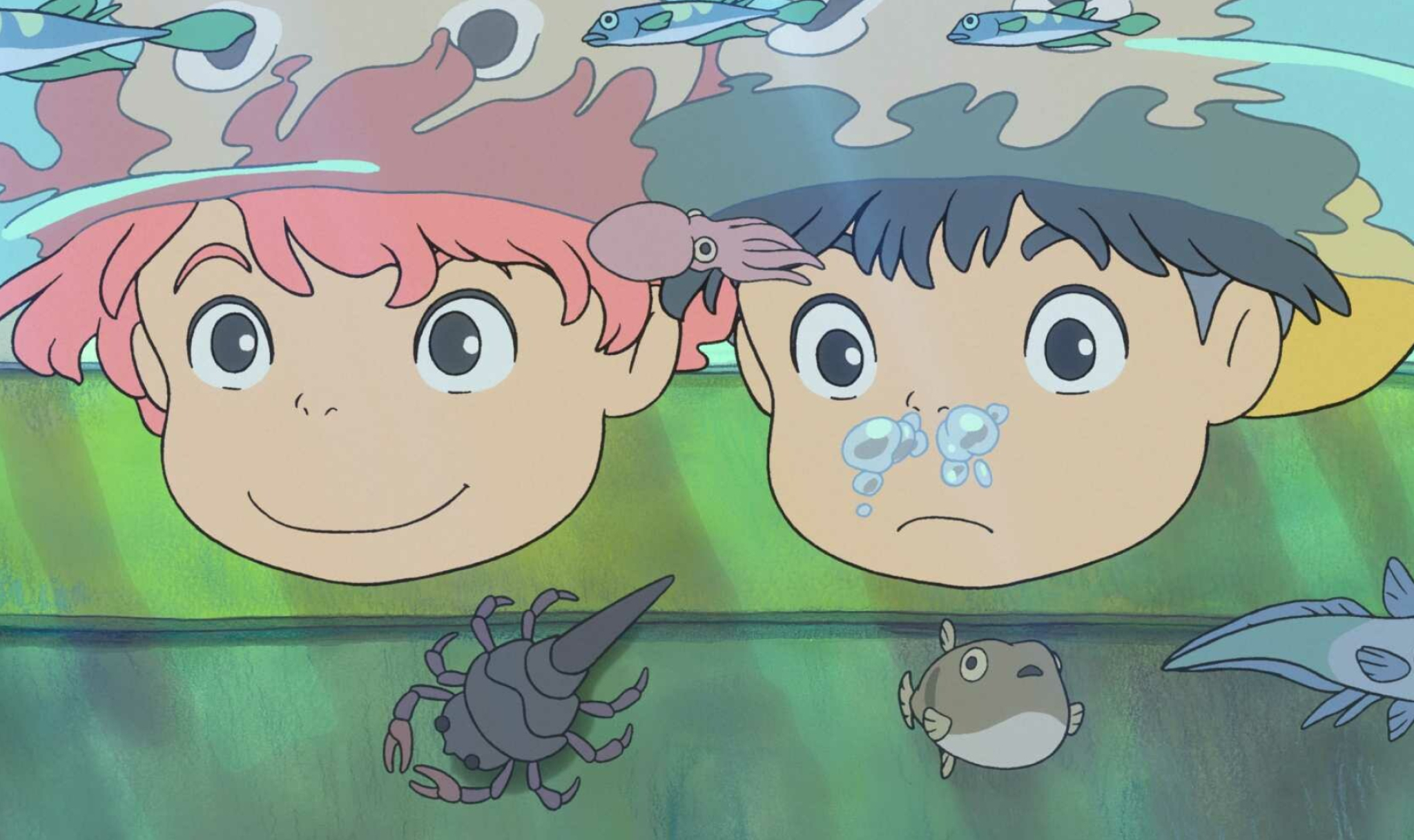 Ponyo: An animated film written and directed by Hayao Miyazaki. 2050x1220 HD Background.
