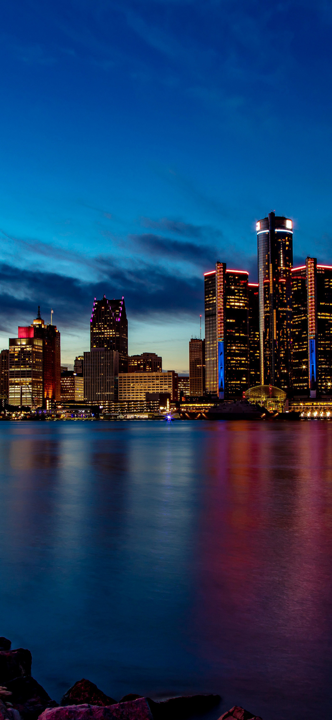 Detroit, Cityscape wallpaper, Sunset view, 1130x2440 HD Phone