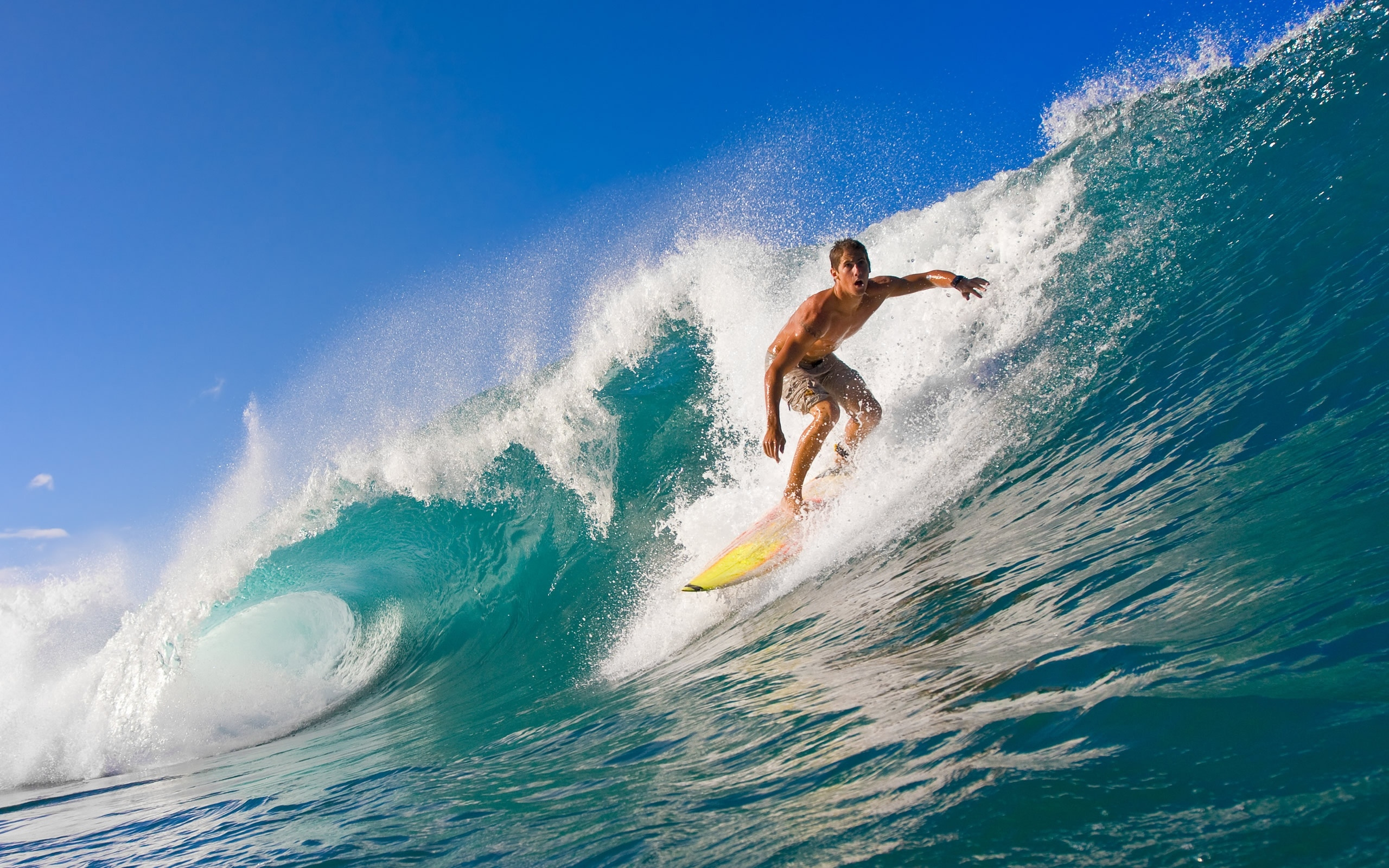 Surfing: Big wave surfing style, Tow-in cross-over water sports discipline, Extreme sport. 2560x1600 HD Background.