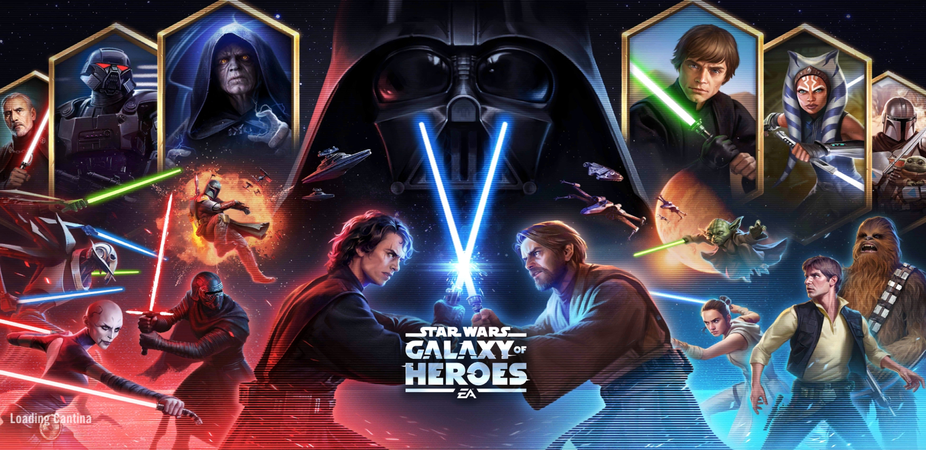 Star Wars: Galaxy of Heroes: SWGoH, A sandbox collector RPG, Light and dark side teams. 2960x1440 Dual Screen Background.