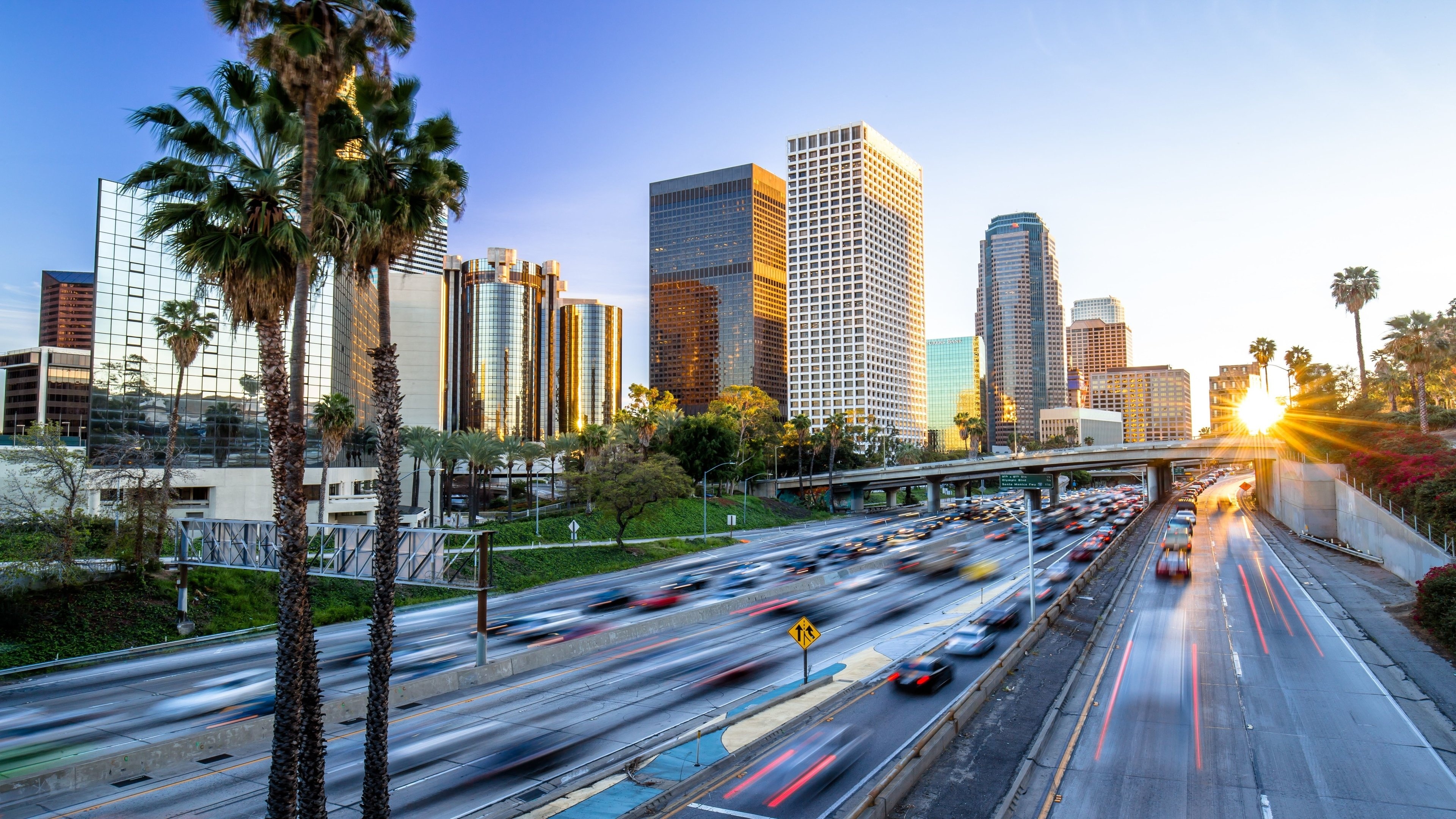 Los Angeles: LA, Downtown, Buildings, Skyline, Highway, Traffic. 3840x2160 4K Wallpaper.