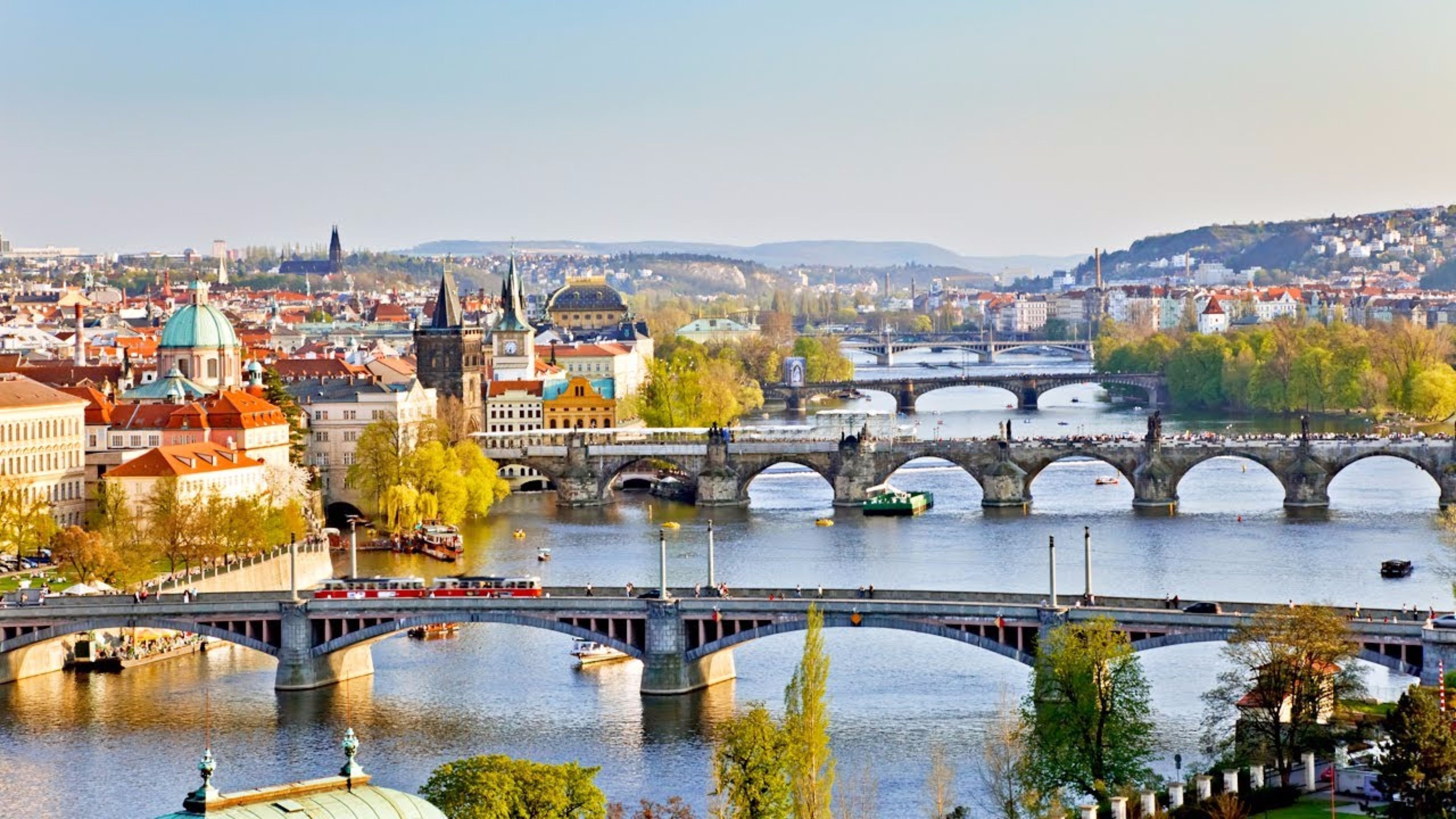 Czechia (Czech Republic): Charles Bridge, The Vltava river, Prague's landmark. 3840x2160 4K Background.