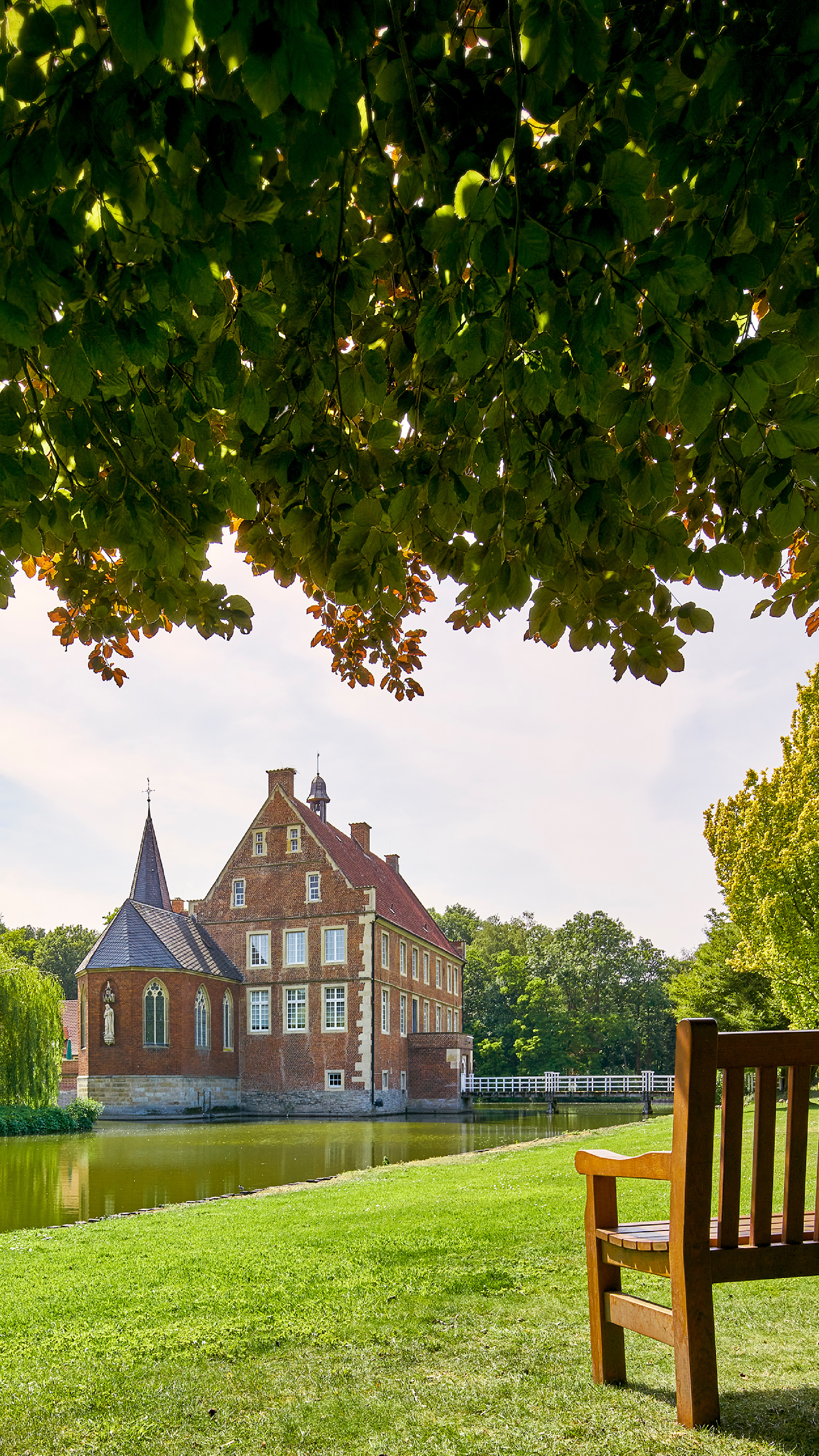 Mansion: Hulshoff Castle near Havixbeck in Germany, Extensive park, The Droste Museum. 2160x3840 4K Background.