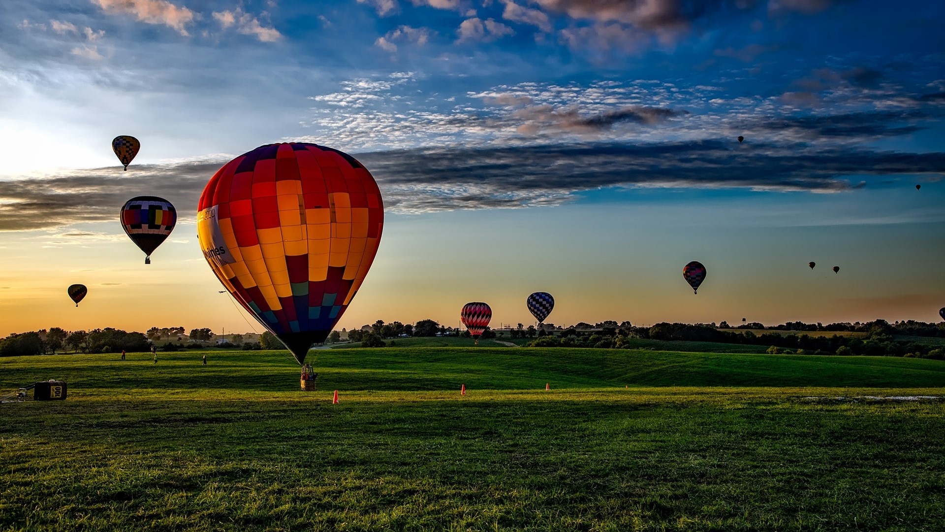 Air Sports: Deccan Airsports, Hot-air balloons taking different altitudes at the sunset. 1920x1080 Full HD Wallpaper.