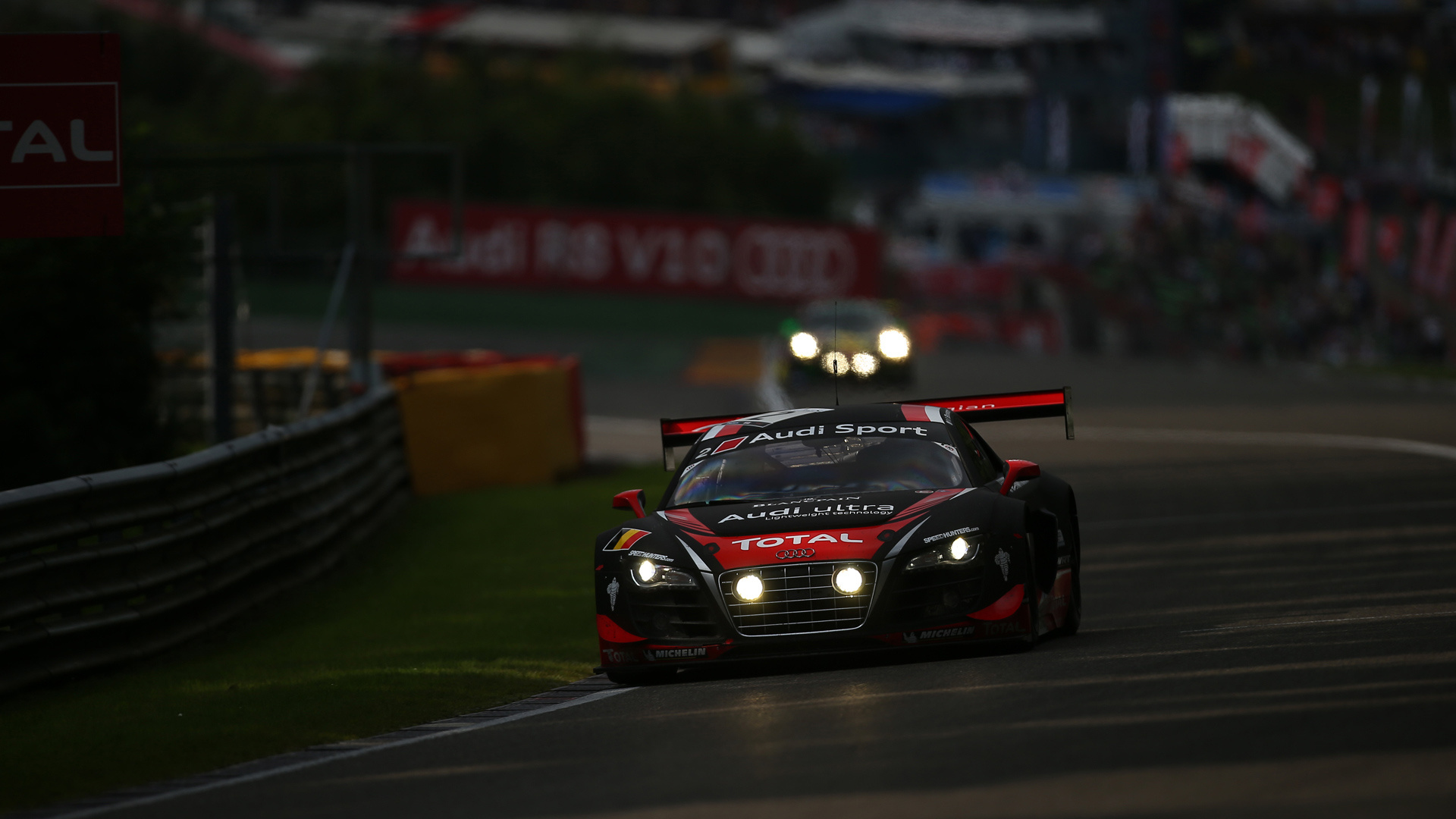 Auto Racing: Nurburgring, Audi R8 LMS, Racetrack, 16th overall victory, 24-hour race. 1920x1080 Full HD Background.