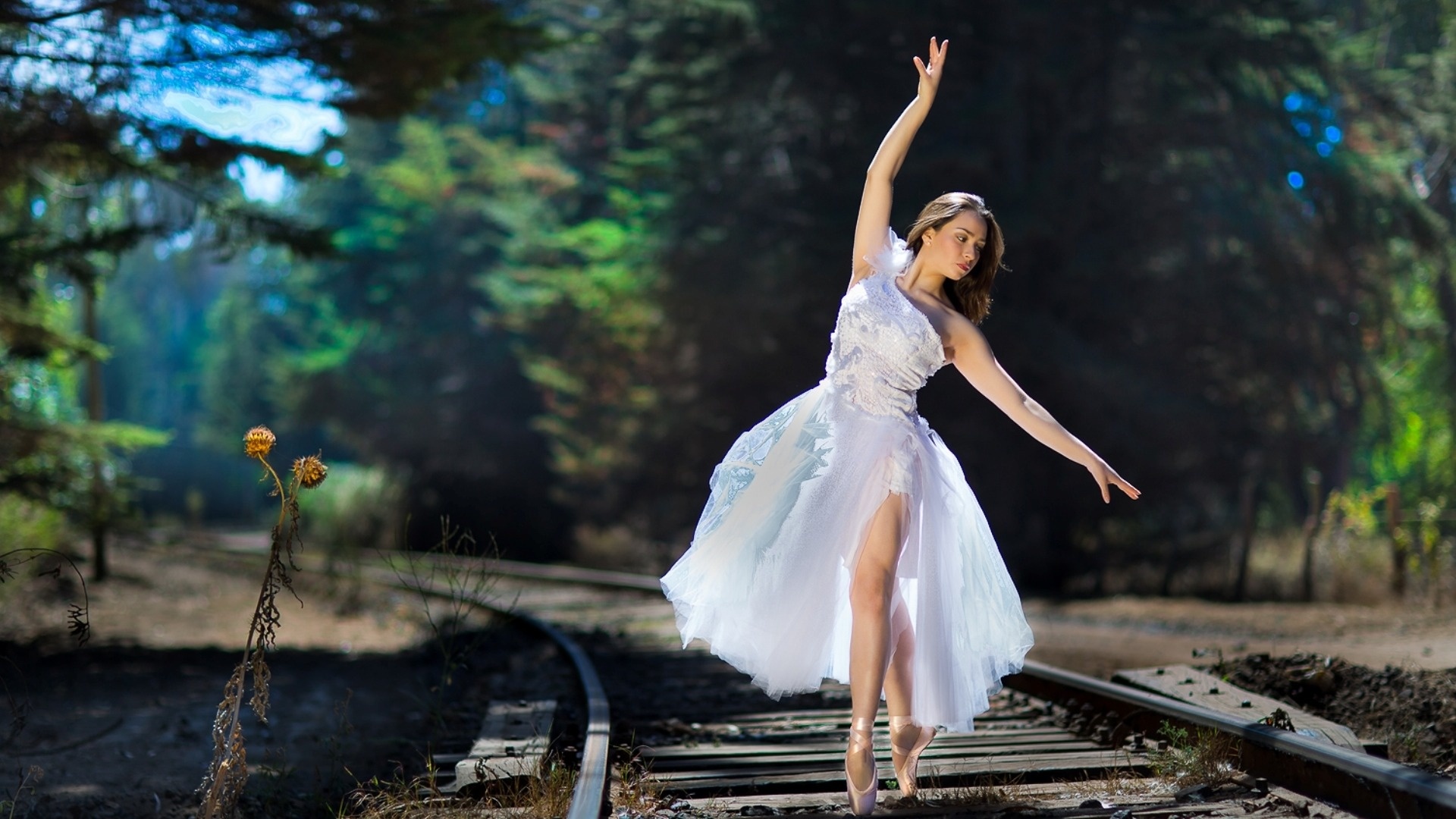 Beautiful ballerina, Railroad setting, Dreamy dance, Captivating wallpaper, 1920x1080 Full HD Desktop