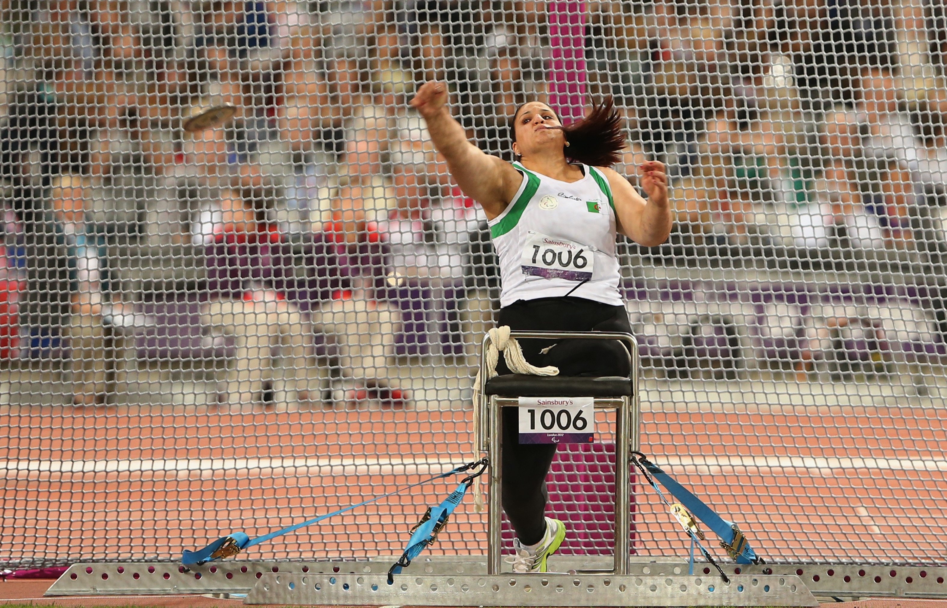 Discus Throw: Algeria's Nassima Saifi, Silver in Paralympic Women's Discus Throw, London 2012. 3160x2030 HD Wallpaper.