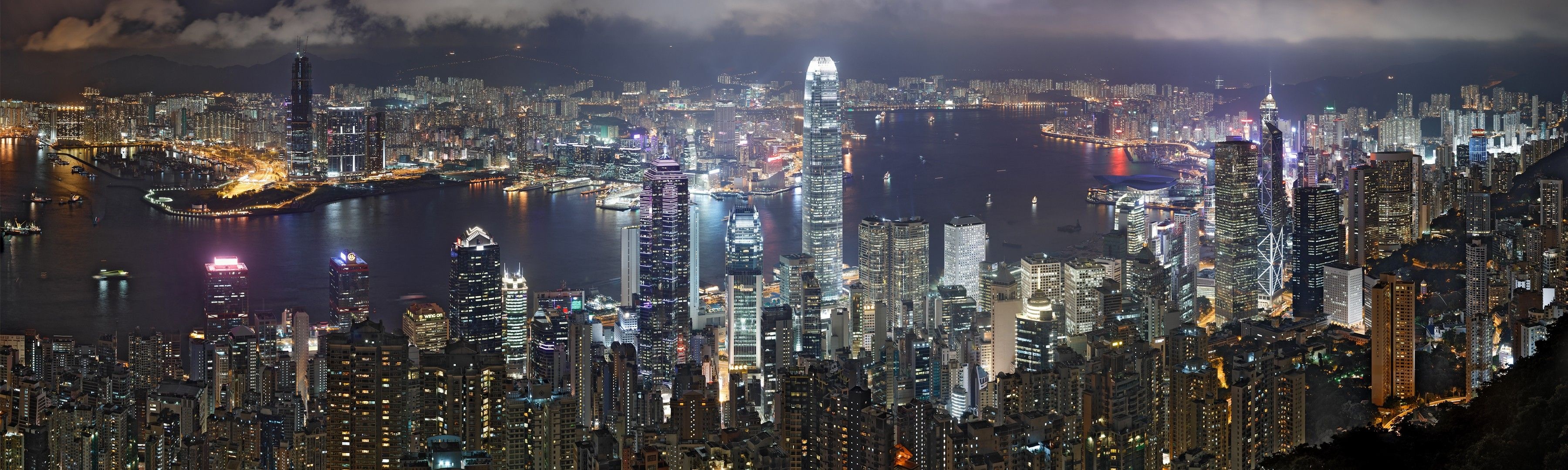 Cityscape: The view of Hong Kong bay, Financial district of the city, Water logistics, China. 3600x1080 Dual Screen Background.