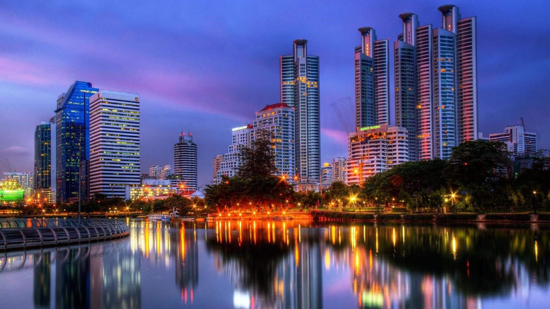 Bangkok: Benjakitti Park, Tower block, Nightscape. 1920x1080 Full HD Background.