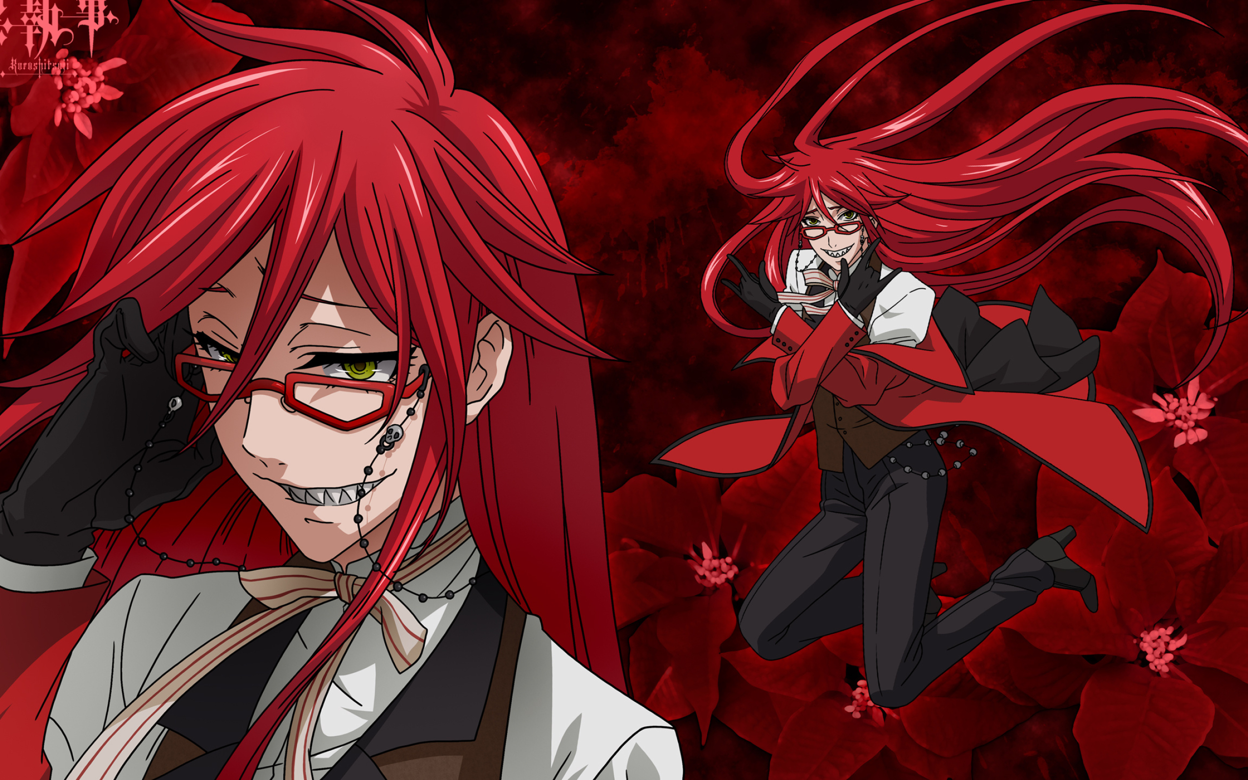Grell Sutcliff: Has a red hair styled in a long, curly bob and wearing a red coat and heels. 2560x1600 HD Background.