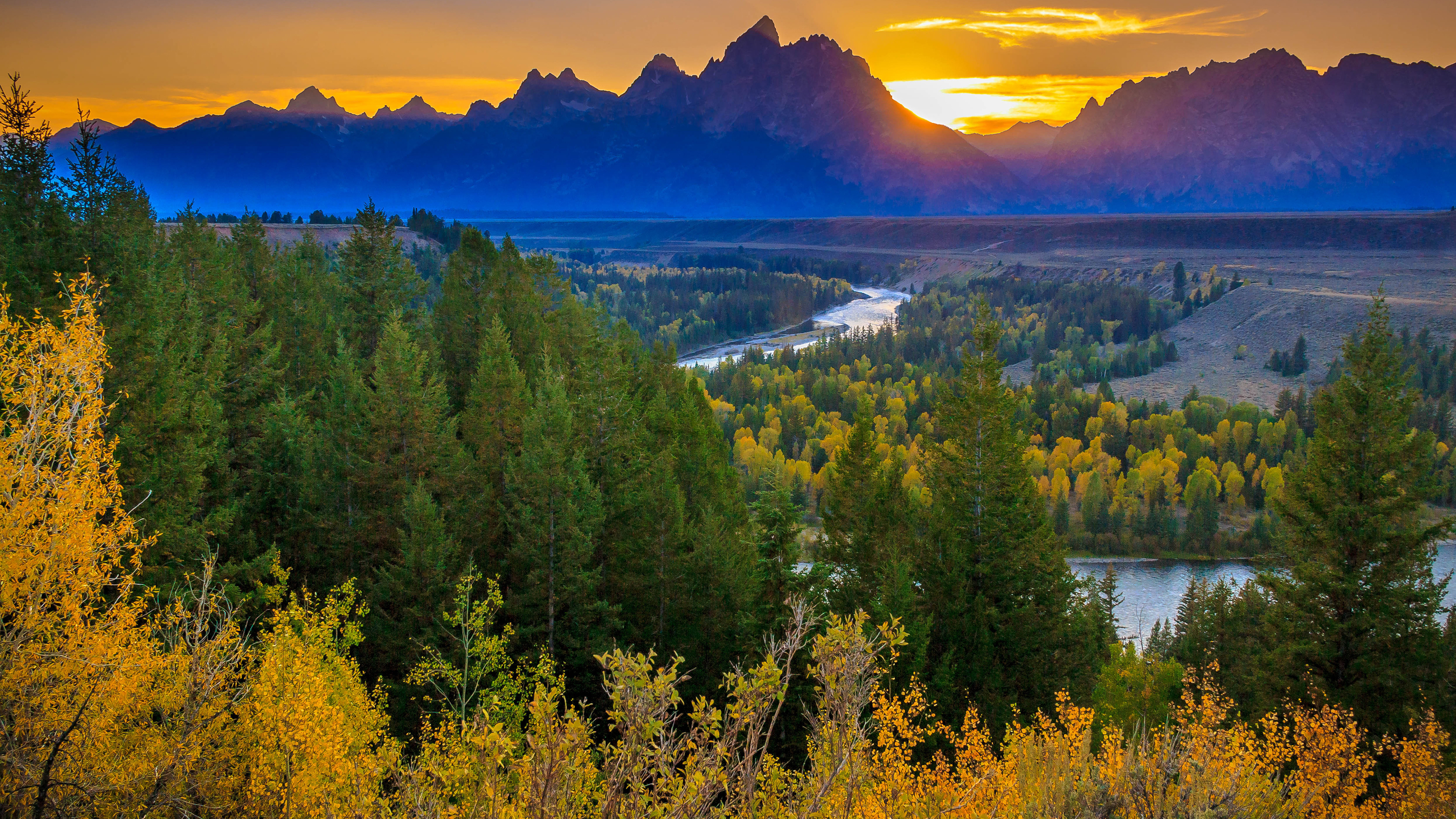 Sunset forest, Autumn river, USA, 3840x2160 4K Desktop