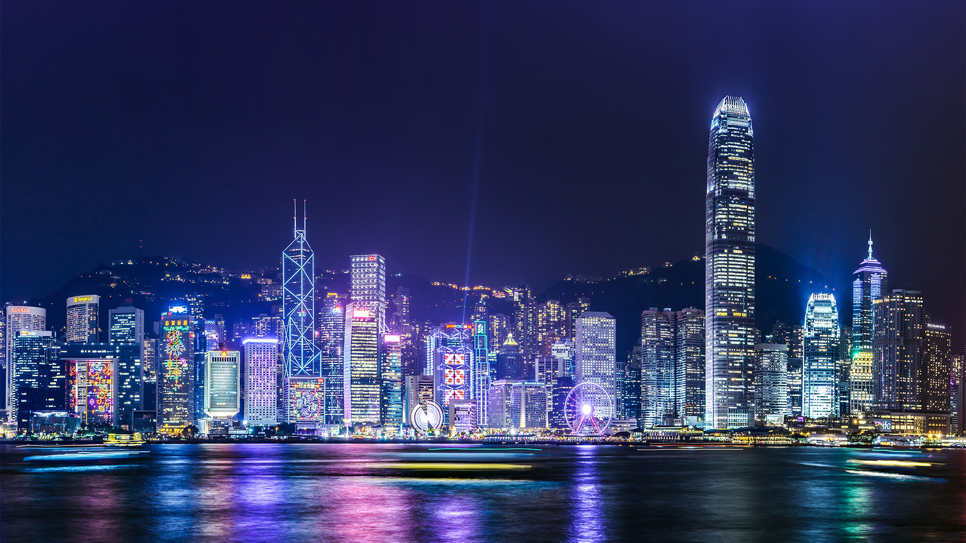 Hong Kong Skyline, Night lights wonder, Colorful wallpaper, Vibrant city, 1920x1080 Full HD Desktop
