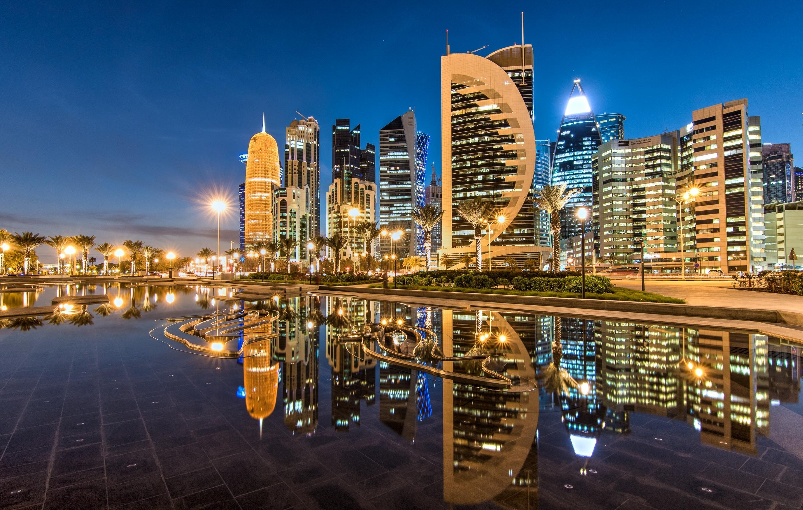 Doha skyscrapers, City reflection, Nighttime beauty, Urban skyline, 2760x1760 HD Desktop