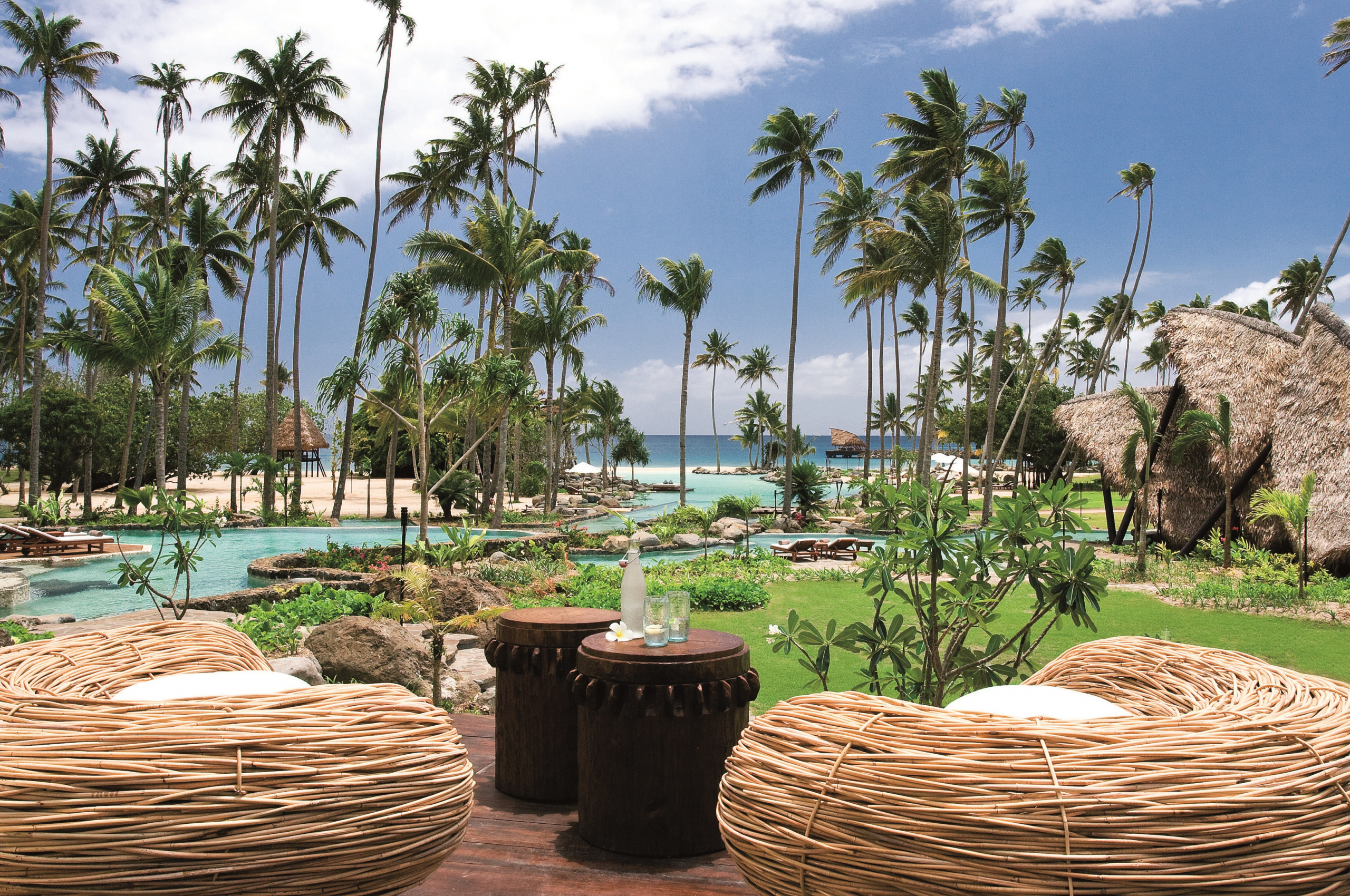 Tropical resort oasis, Sea, palm trees, pool, Luxury escape, 2560x1700 HD Desktop