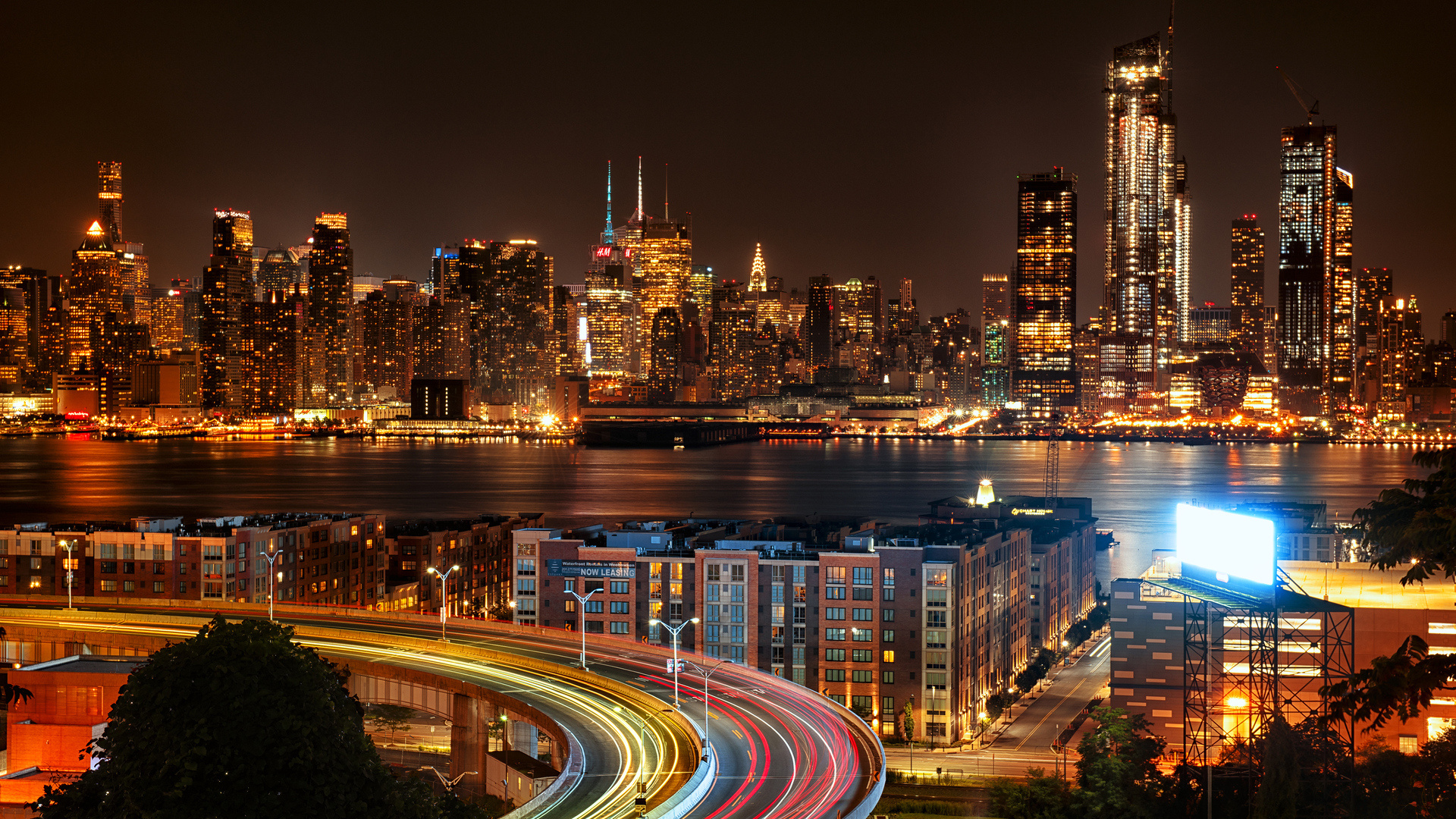 New York: NYC, View from New Jersey, Night city lights. 1920x1080 Full HD Background.