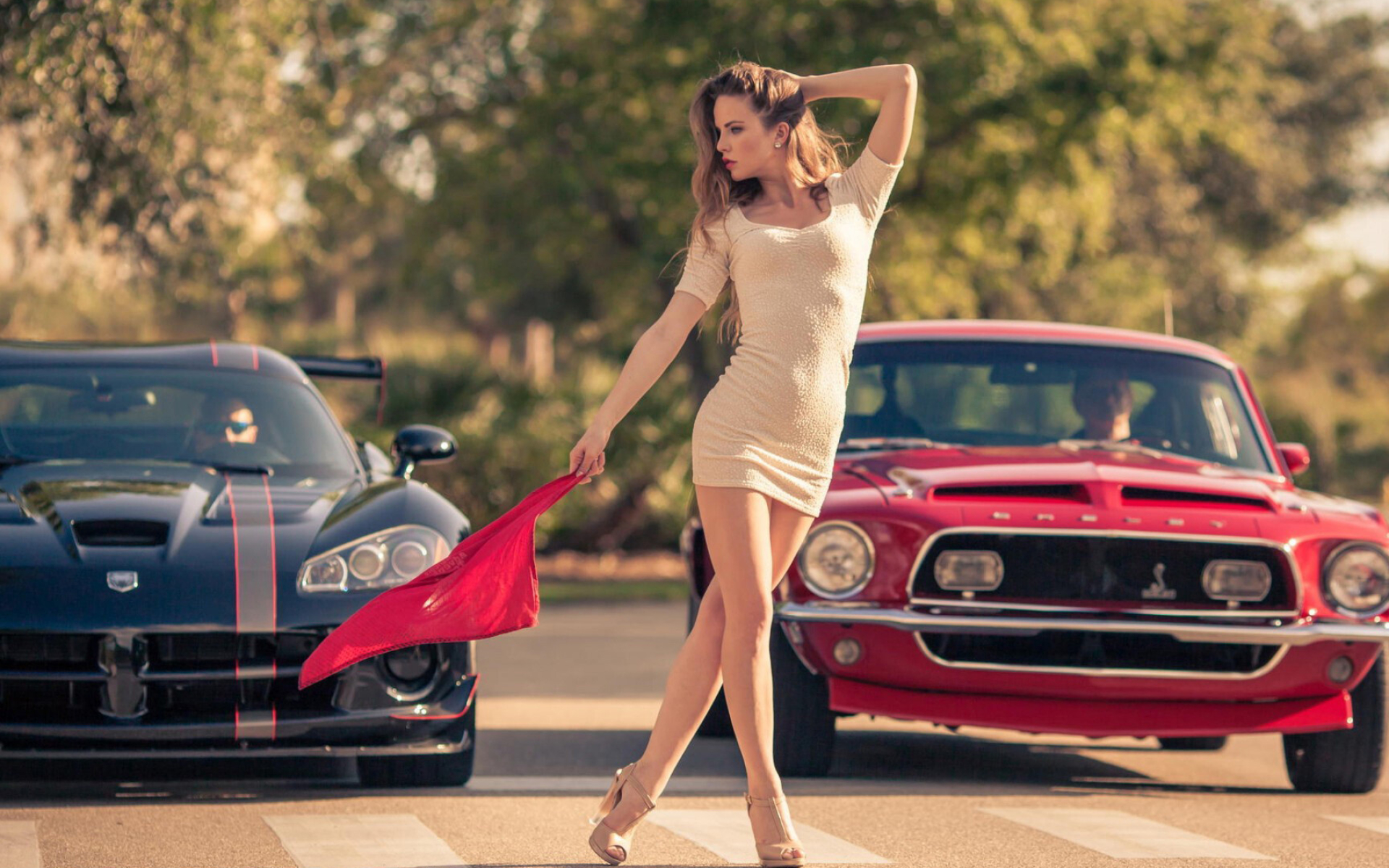 Girls and Muscle Cars: Cars with powerful gas powered engines, High-performance driving, Racing flag girl. 1920x1200 HD Wallpaper.