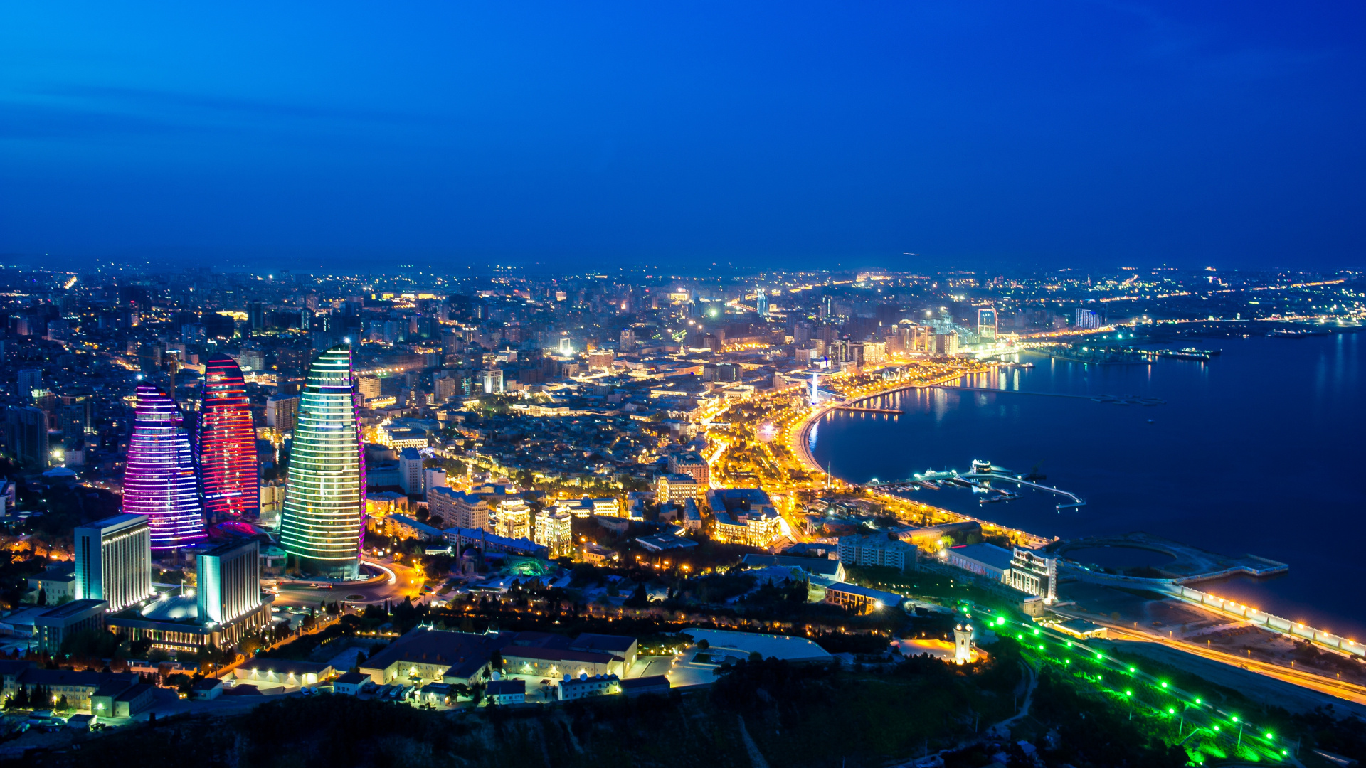 Baku Azerbaijan, Night flame towers, Panorama views, Urban landscapes, 1920x1080 Full HD Desktop
