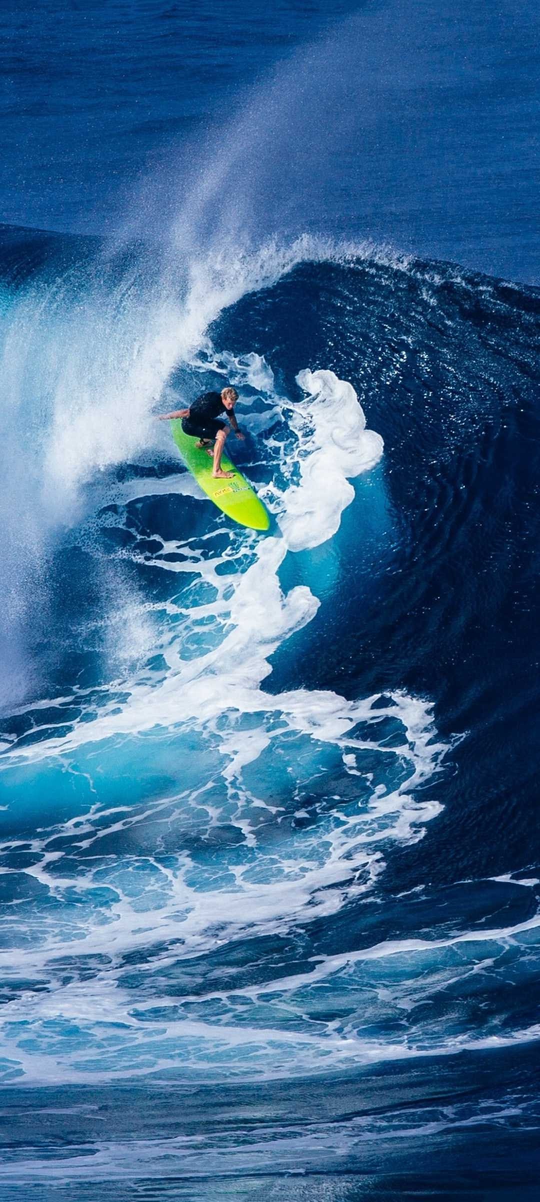 Surfing: Freestyle shortboarding water sports discipline, Extreme water sports stuntman. 1080x2400 HD Background.