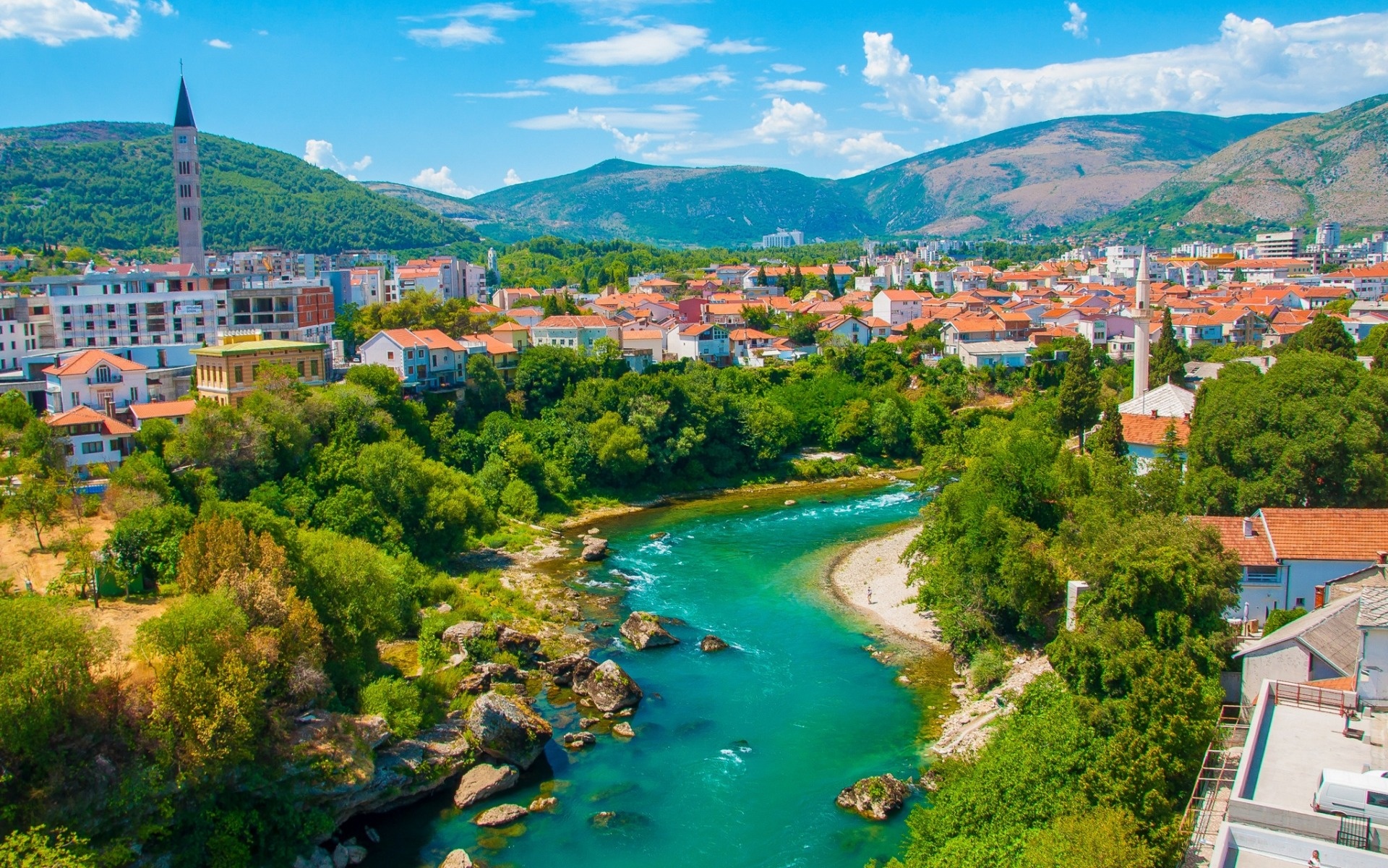 Mostar summer, Neretva river, Cityscape, Tourism, 1920x1200 HD Desktop