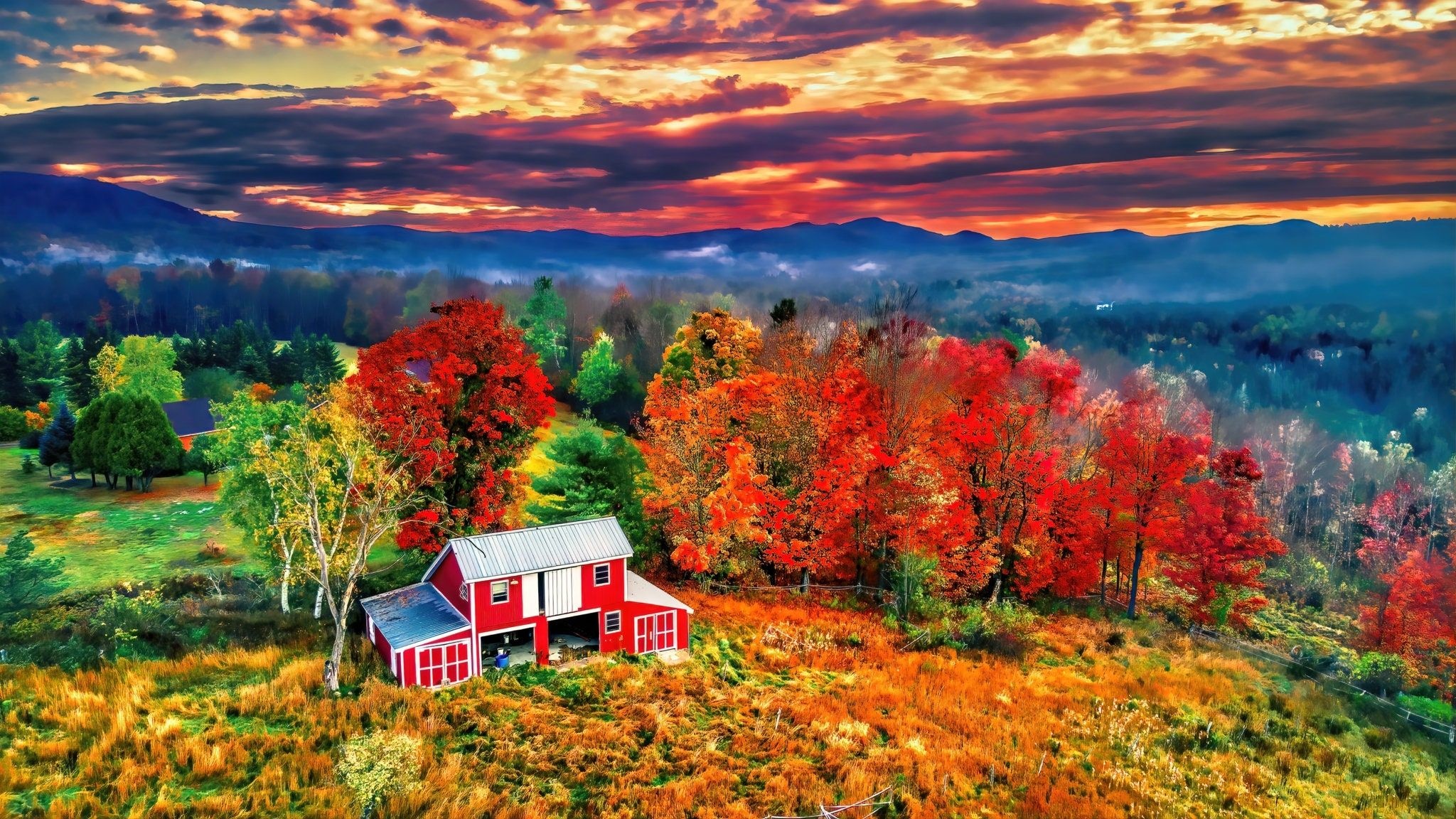 Vermont old red barn, Fall in sunrise, Landscape photography, Art, 2050x1160 HD Desktop