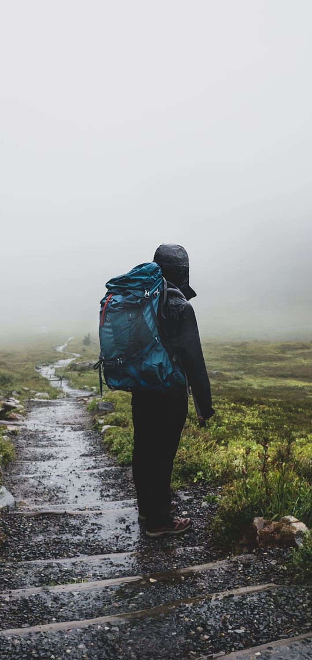 Backpacking: An extended journey way down the foggy mountain. 1080x2280 HD Wallpaper.