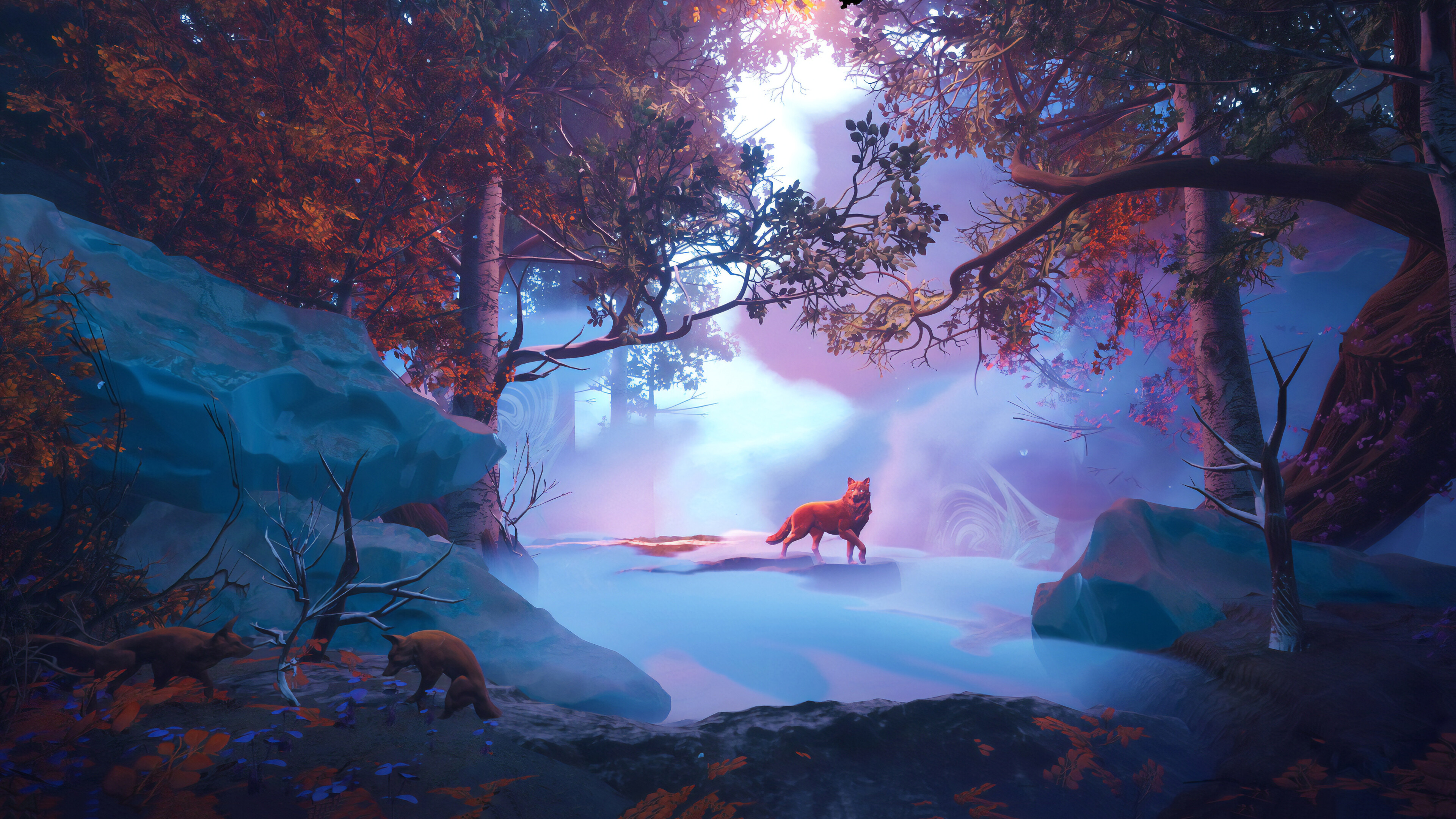 Wolf: Red Magical Woods, Fantasy, Predator. 3840x2160 4K Background.