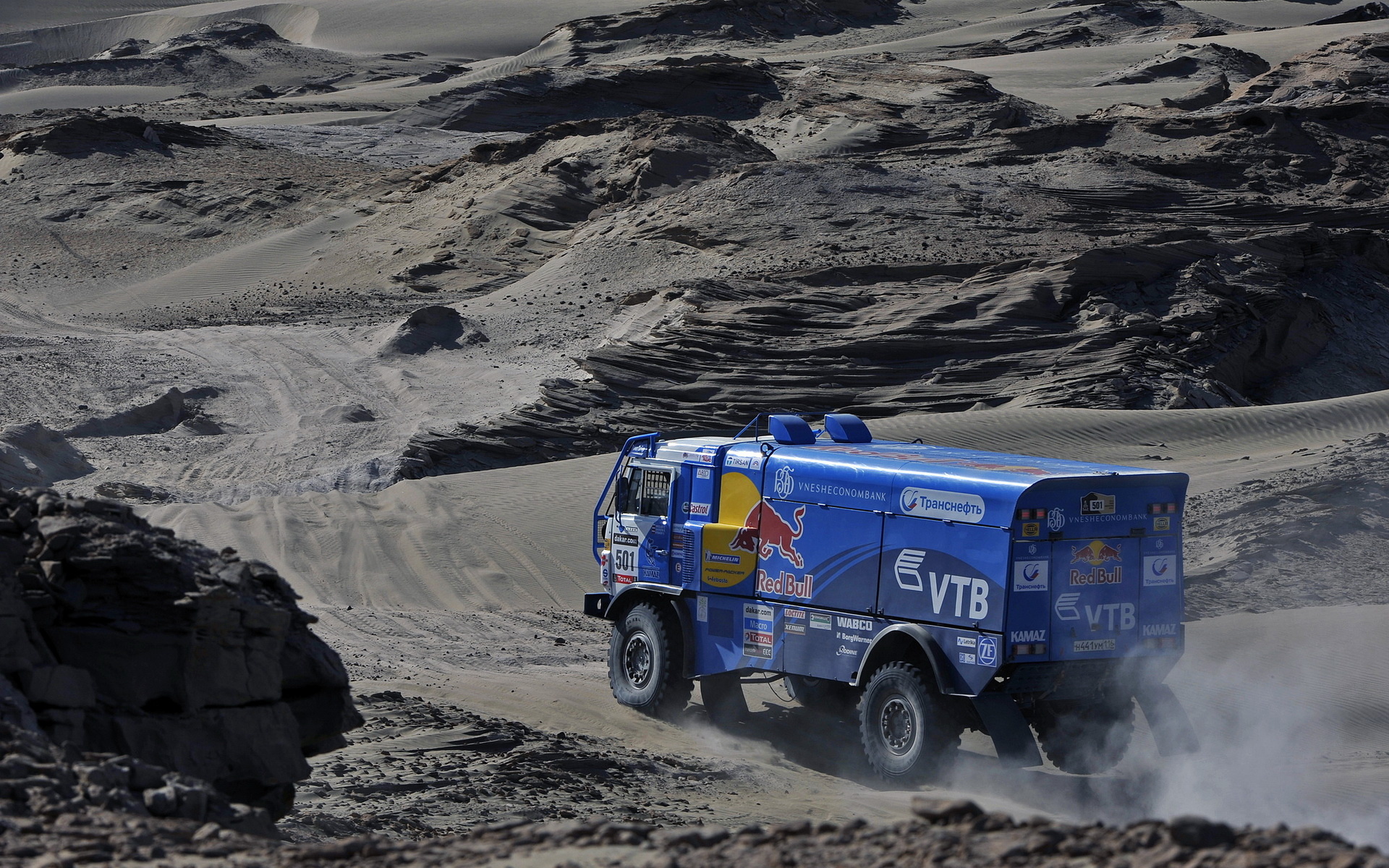Rally Raid: Rally Paris-Dakar, Red Bull, Kamaz-Master Crew, Automotive, Auto Sports, Rally Truck. 1920x1200 HD Background.