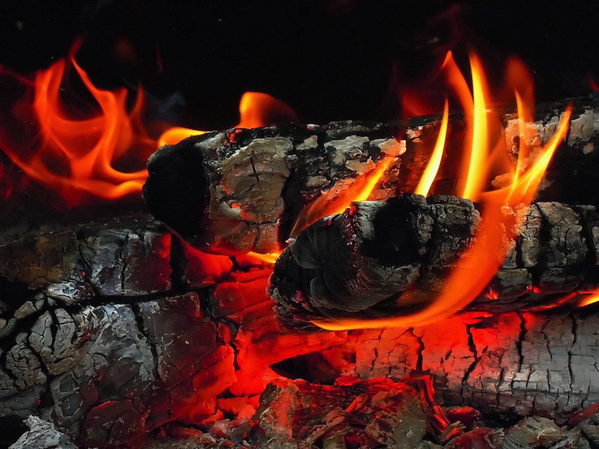 Fireplace: Flame, The hot, glowing mixture of burning gases and tiny particles that arises from combustion. 1920x1440 HD Background.
