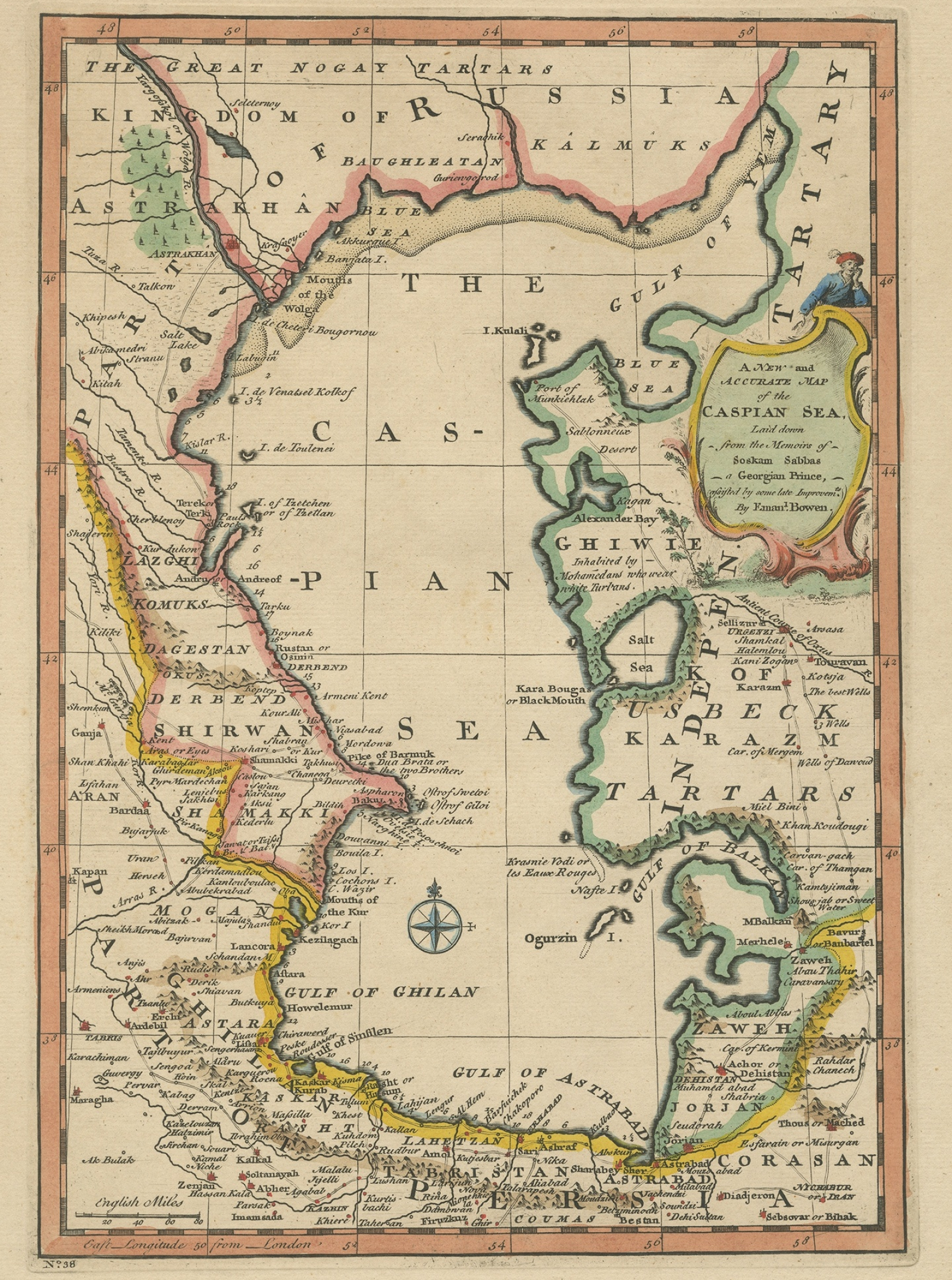 Antique map of the Caspian Sea, Historical treasure, Bowens' masterpiece, Cartographic wonder, 1600x2150 HD Handy
