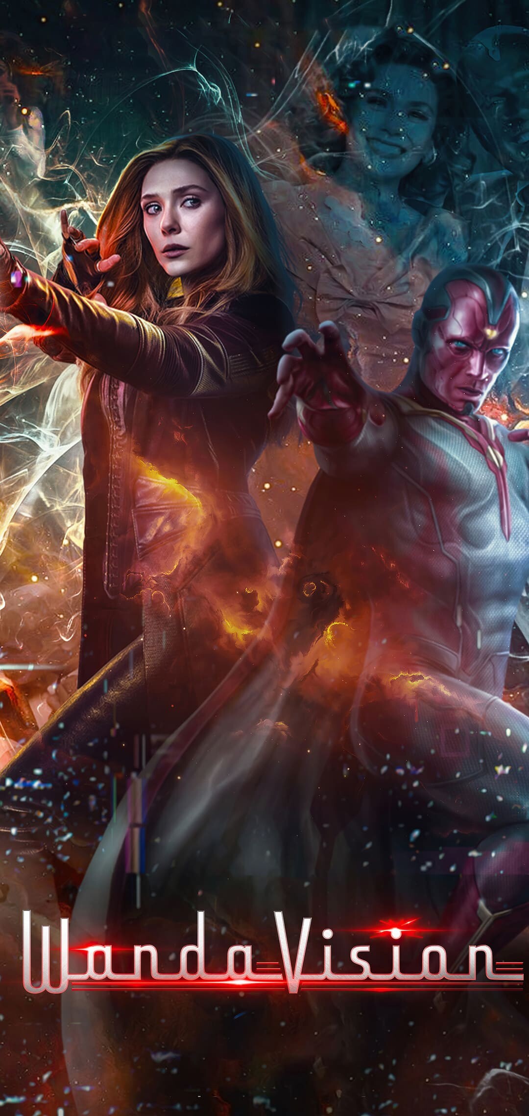 WandaVision: Elizabeth Olsen as Scarlet Witch and Paul Bettany as Vision. 1080x2280 HD Wallpaper.