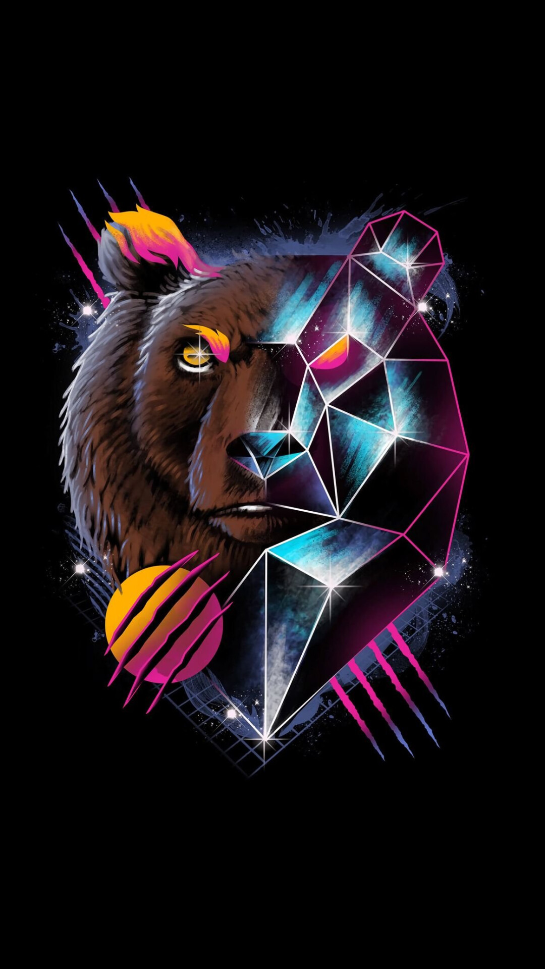 Geometric Animal: Abstract, Futuristic, Colorful, Polygonal style bear head. 1080x1920 Full HD Background.