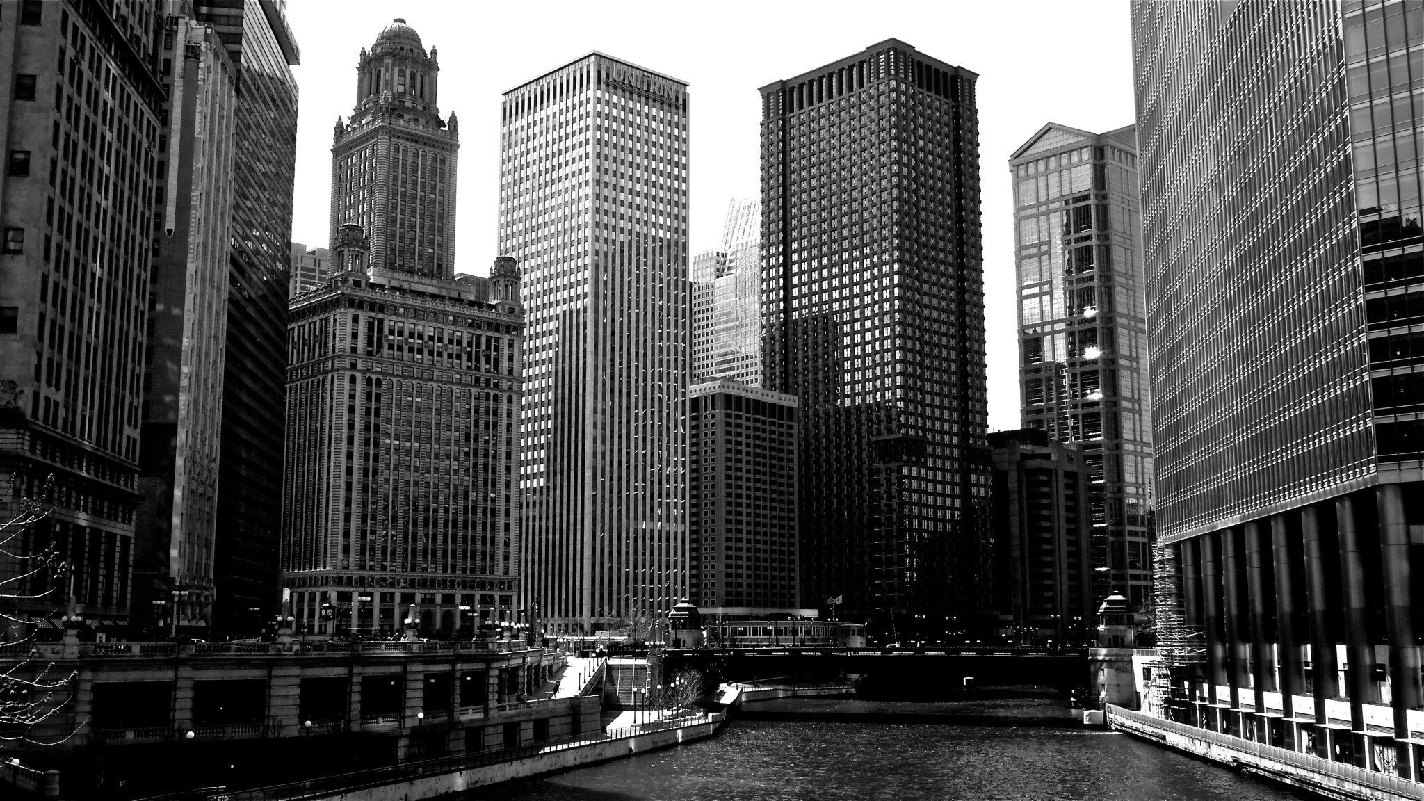 Chicago skyline, Cityscape wallpaper, Monochrome, Urban view, 2050x1160 HD Desktop