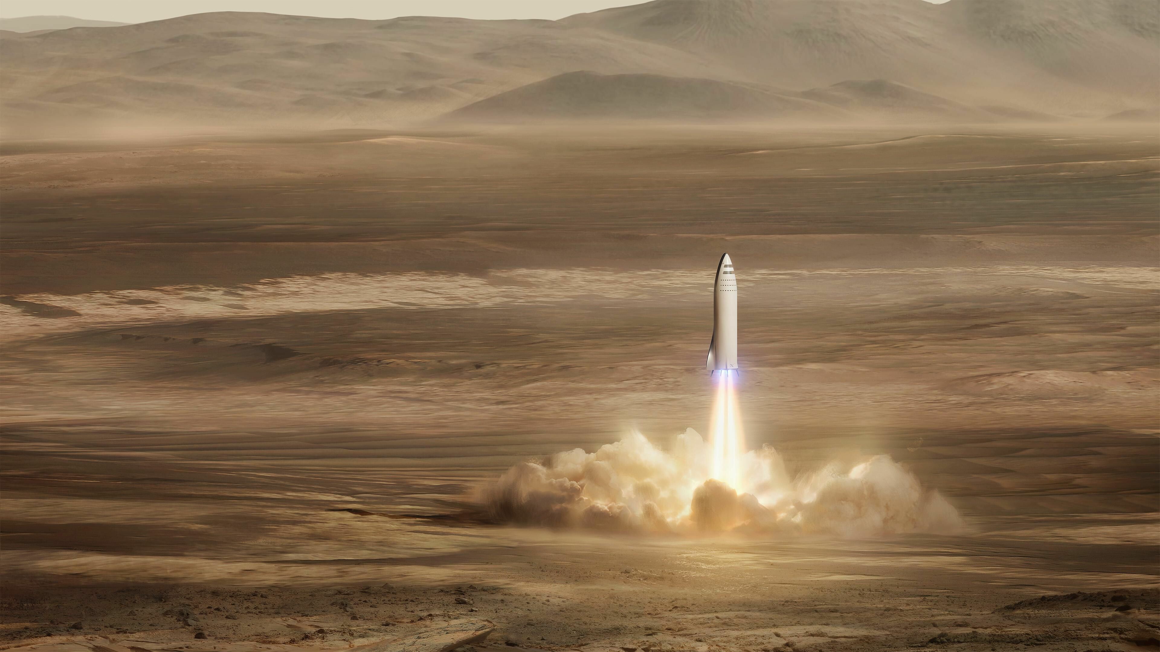 Mars: SpaceX Red Planet Mission, Big Rocket Launch. 3840x2160 4K Wallpaper.
