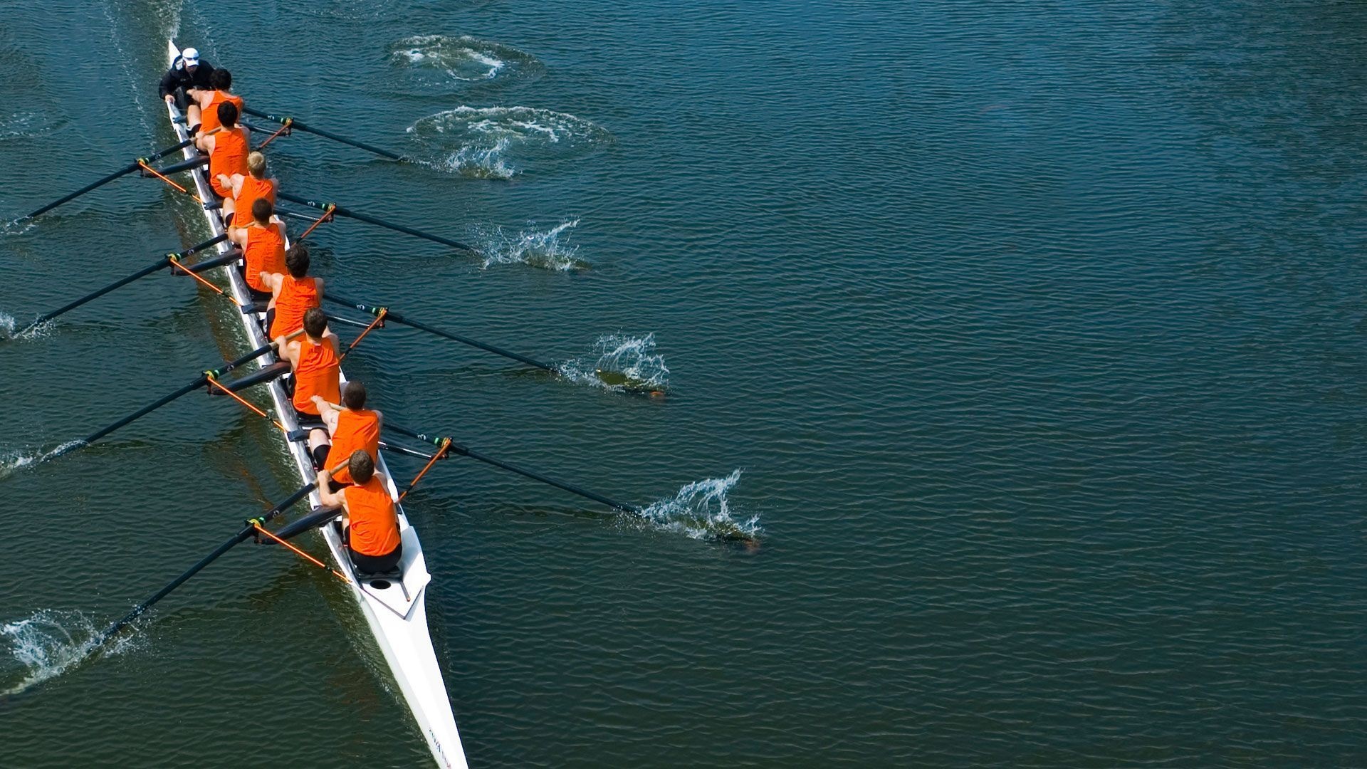 Rowing: Sweep pulling, Navigating a boat with one oar for each person only, A competitive water sports discipline. 1920x1080 Full HD Background.