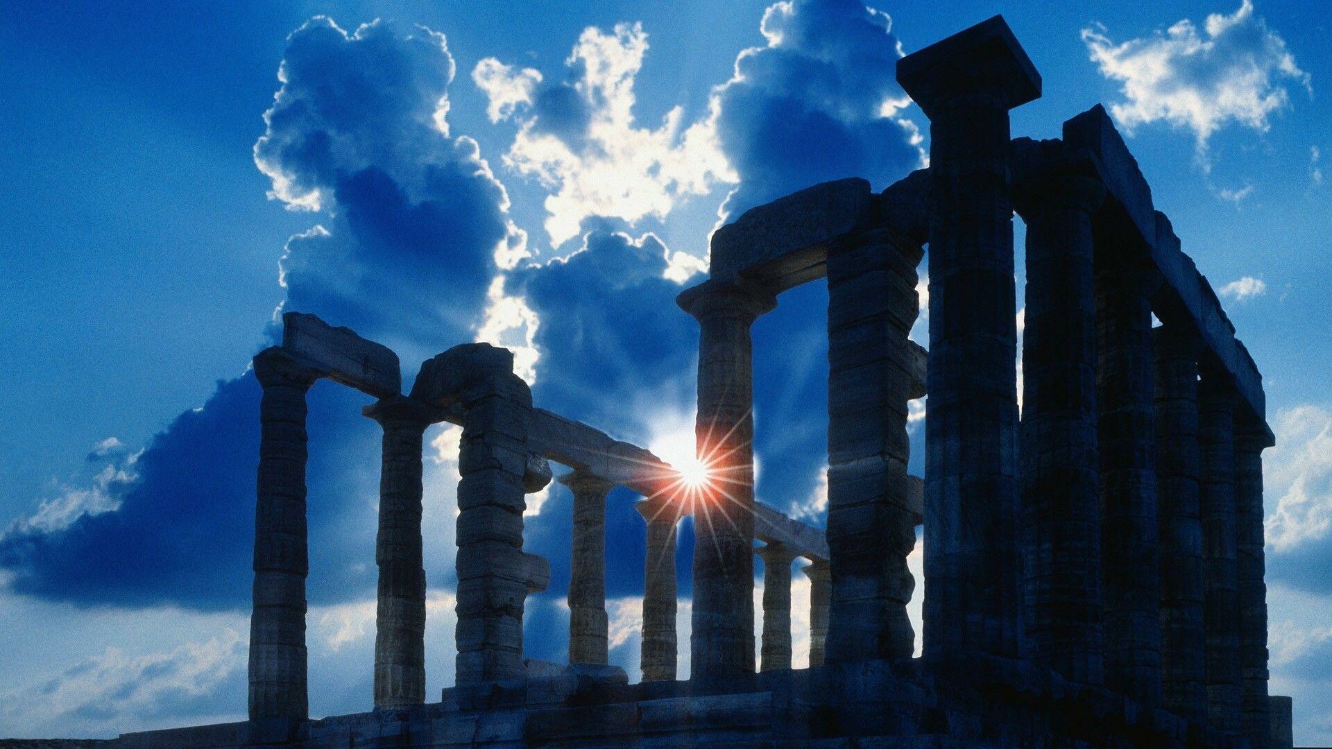 Greece: Ancient Temple of Poseidon, Cape Sounion, Ellada. 1920x1080 Full HD Wallpaper.