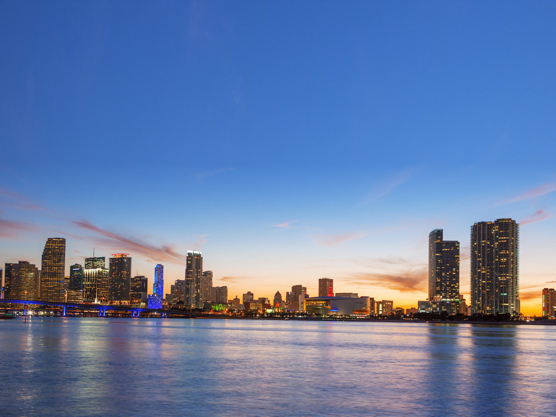Florida: Metropolitan area, Miami at sunset, Panorama. 1920x1440 HD Background.