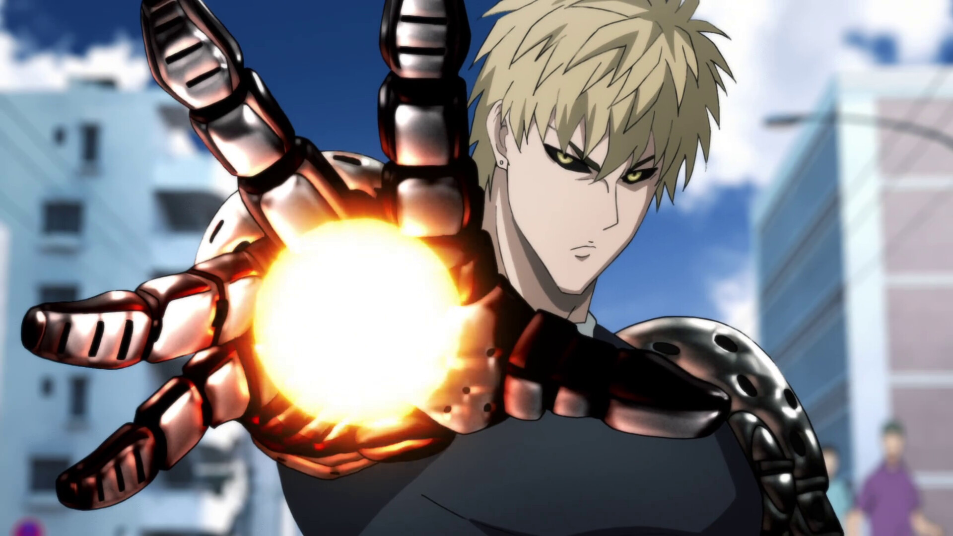 Genos: One Punch Man anime, Post-Super-Fight-Arc Upgrade, True Spiral Incineration Cannon. 1920x1080 Full HD Background.