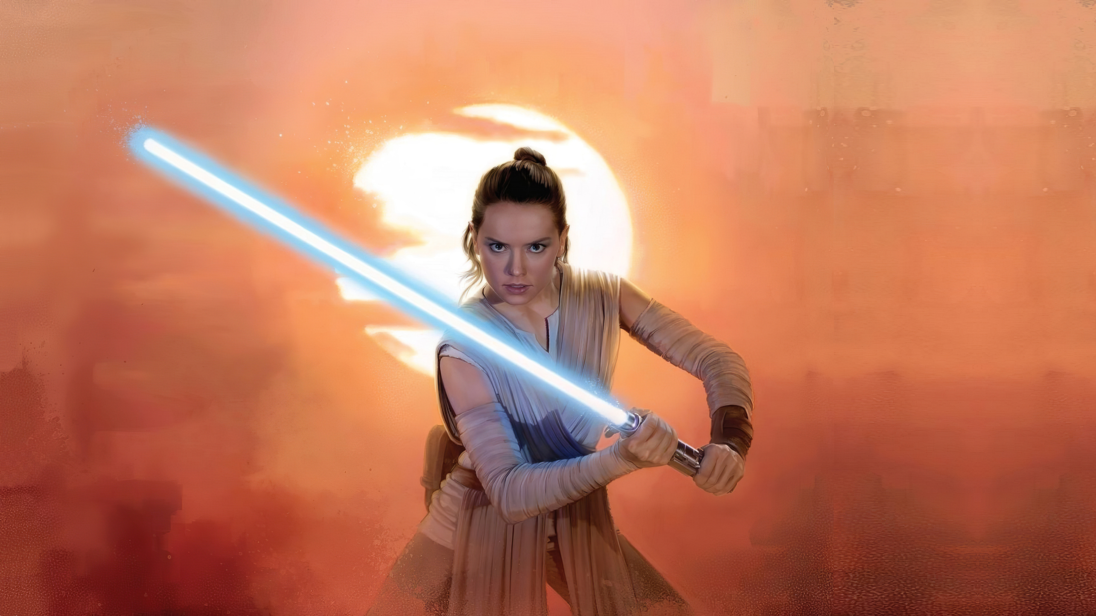 Star Wars: The Rise Of Skywalker: Daisy Ridley as Rey, a former scavenger from Jakku, Lightsaber. 3840x2160 4K Background.