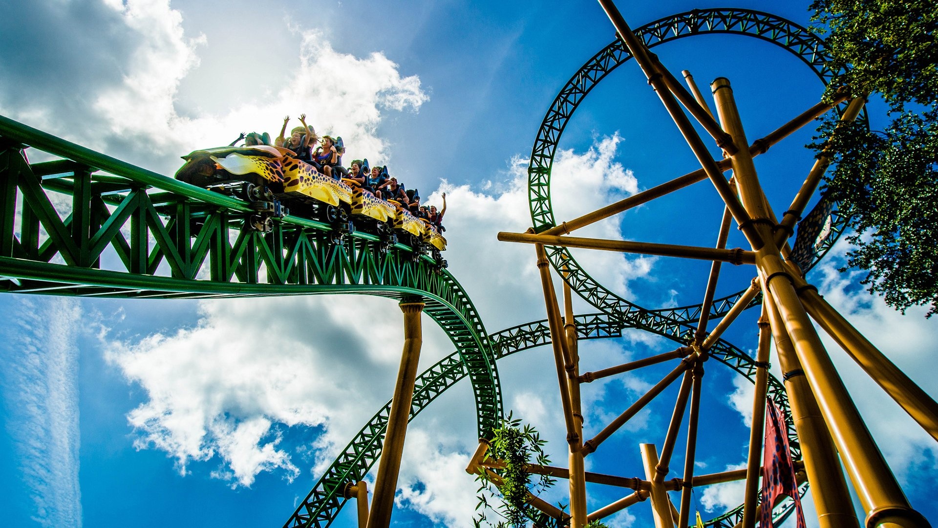 Amusement Park: Roller coaster, Fun rides, Roll adventure, A place that has many rides. 1920x1080 Full HD Background.