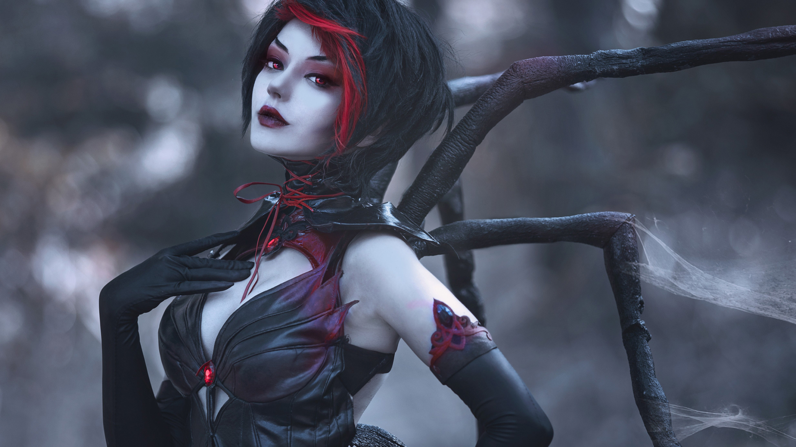 Gothic Art: Elise, the Spider Queen, League of Legends, Cosplay, Makeup, Spider web. 2560x1440 HD Wallpaper.
