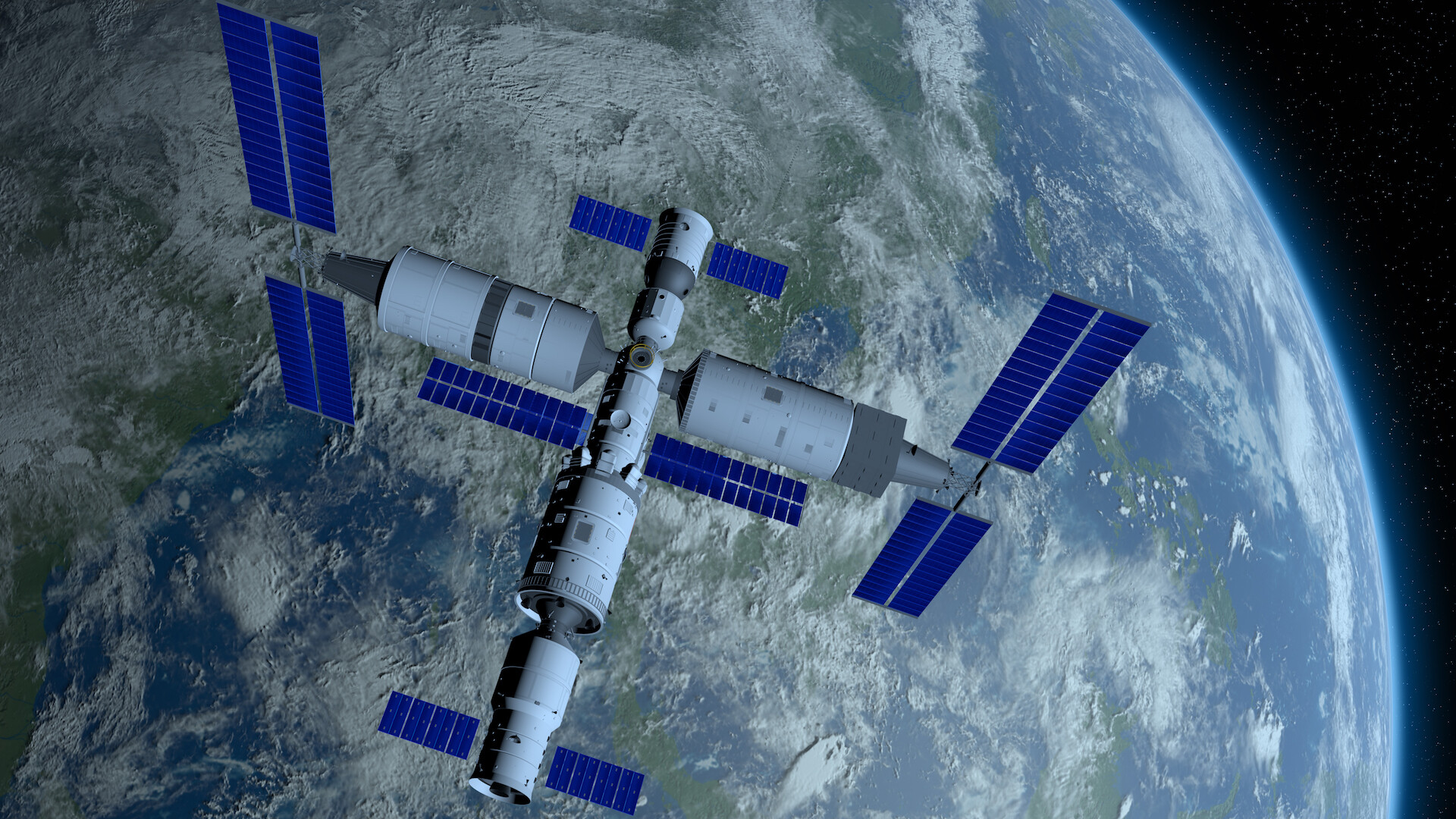 Tiangong Space Station: The core of the "Third Step" of the China Manned Space Program. 1920x1080 Full HD Background.