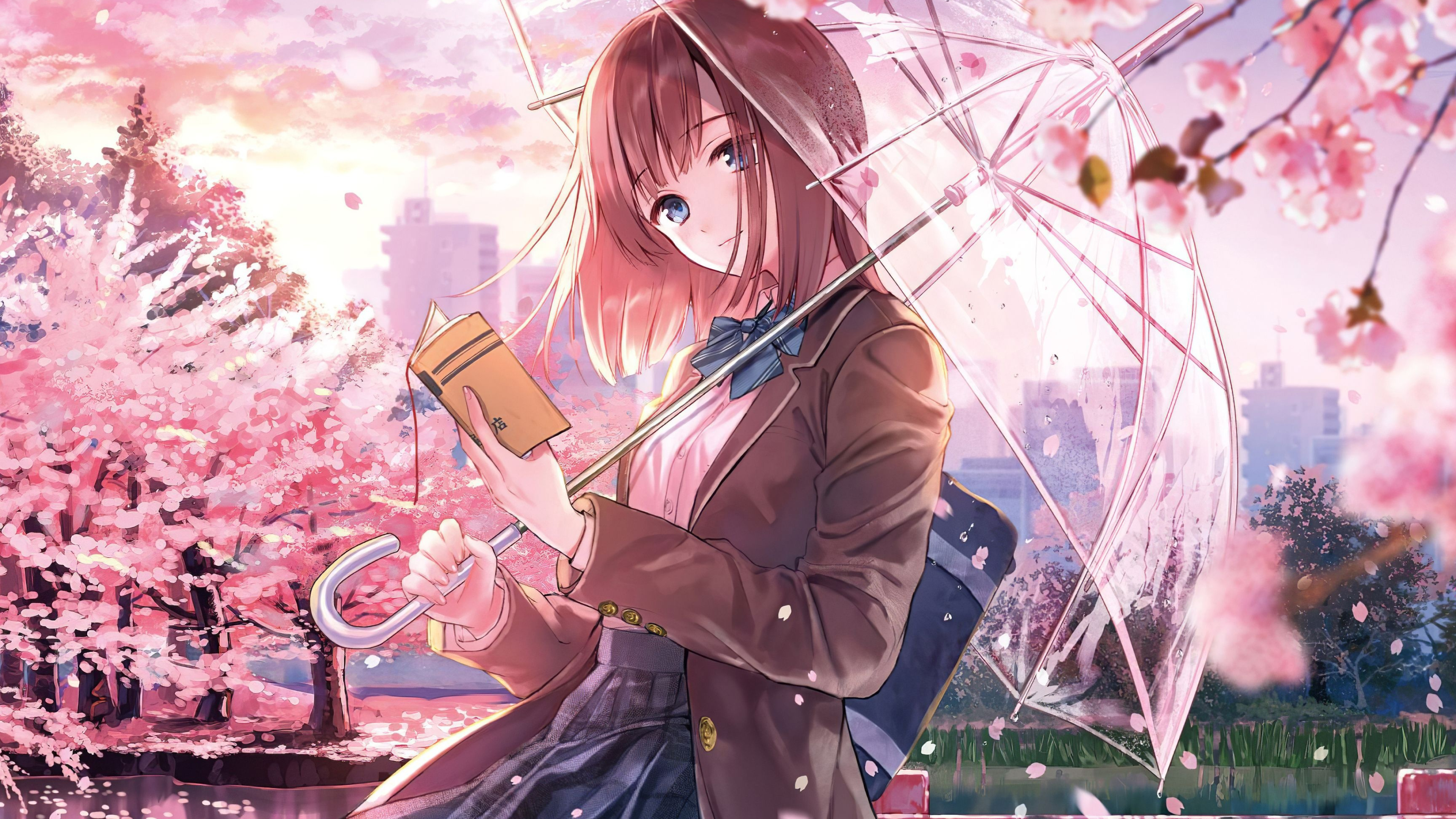 Anime Girl: Cherry blossoms, Umbrella, Art. 3840x2160 4K Background.