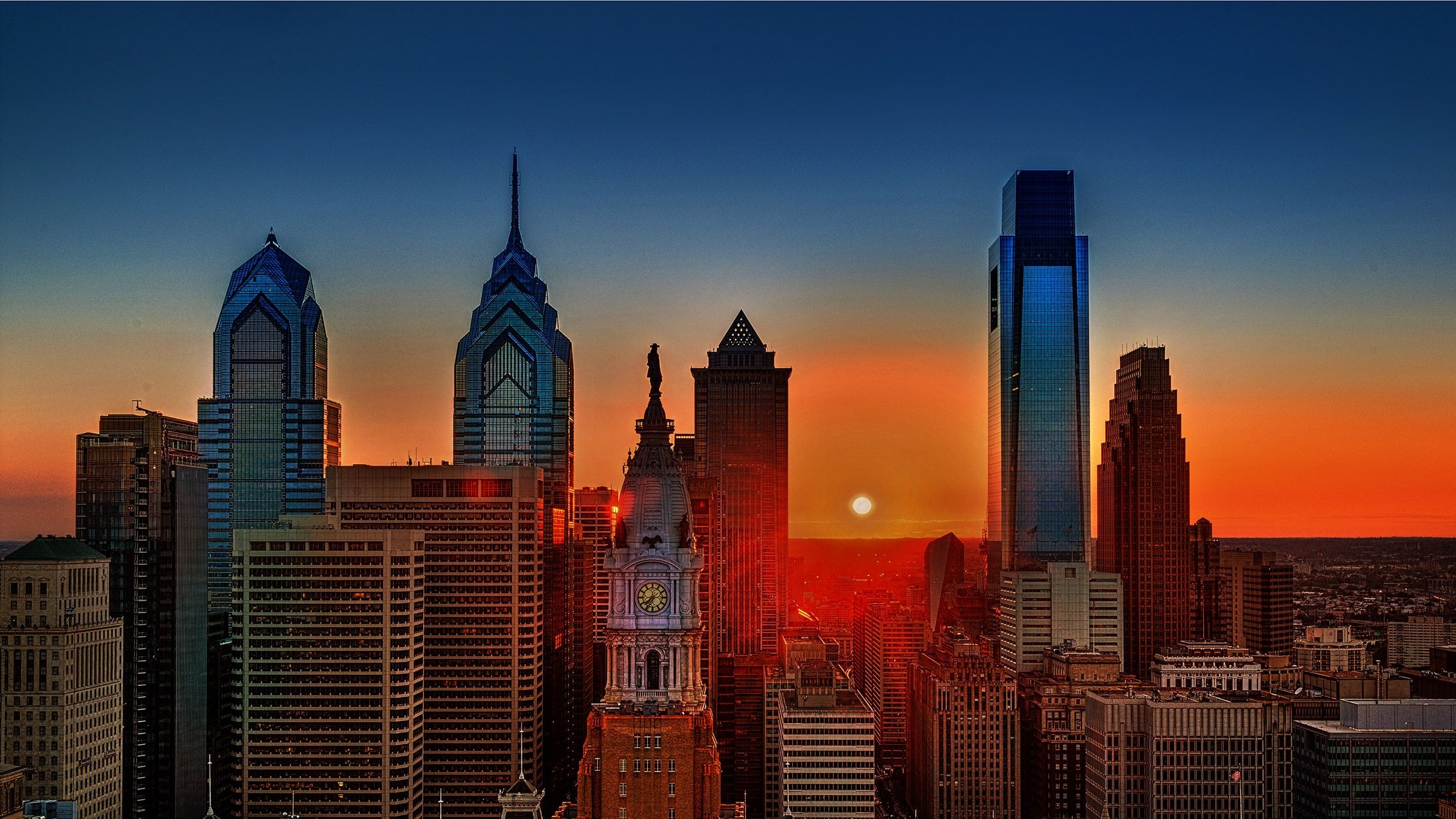 Philly Skyline, Panoramic view, Aramark Building, Halloween decorations, 2200x1240 HD Desktop