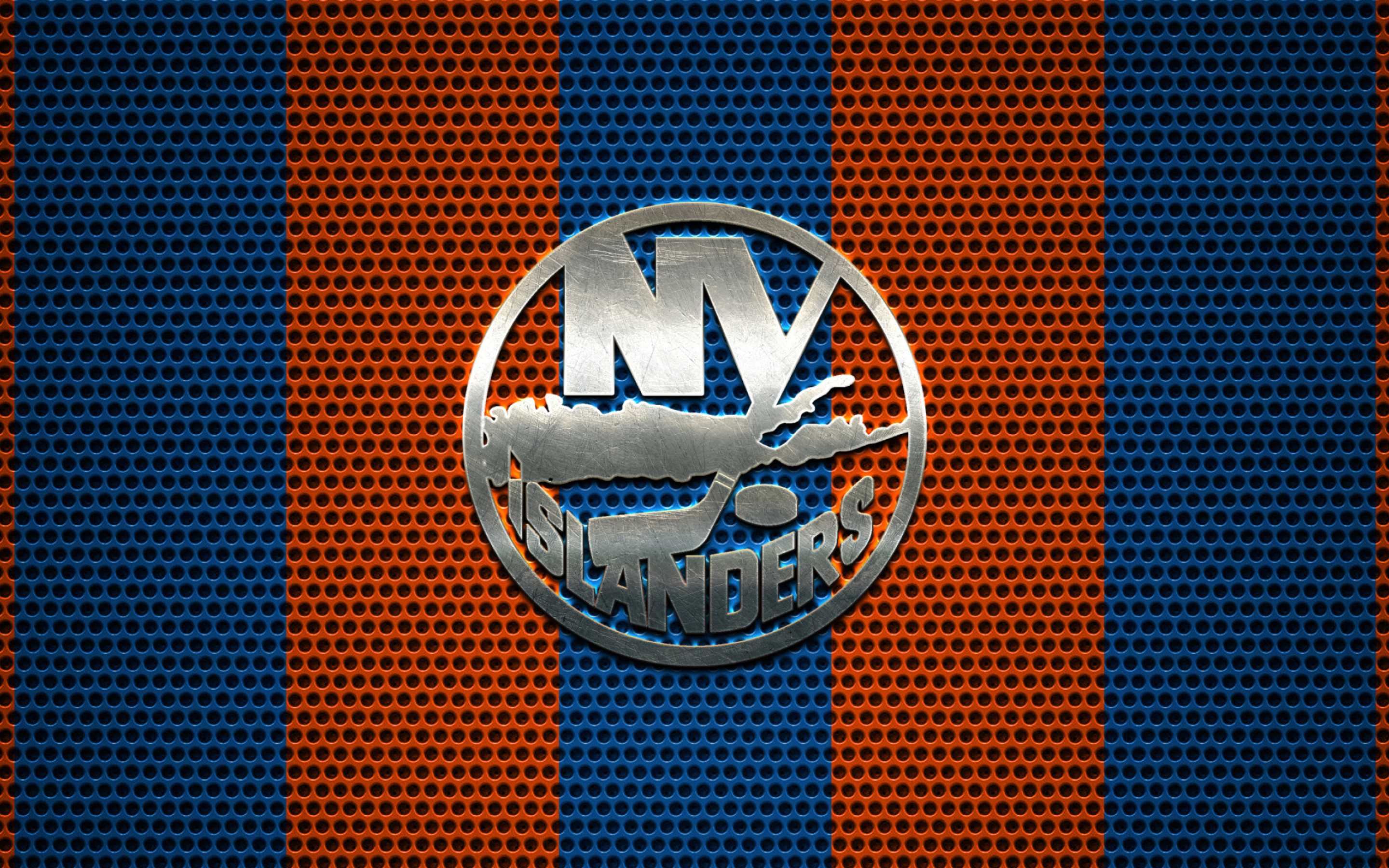 New York Islanders logo, American hockey club, Metal emblem, Orange blue, 2880x1800 HD Desktop
