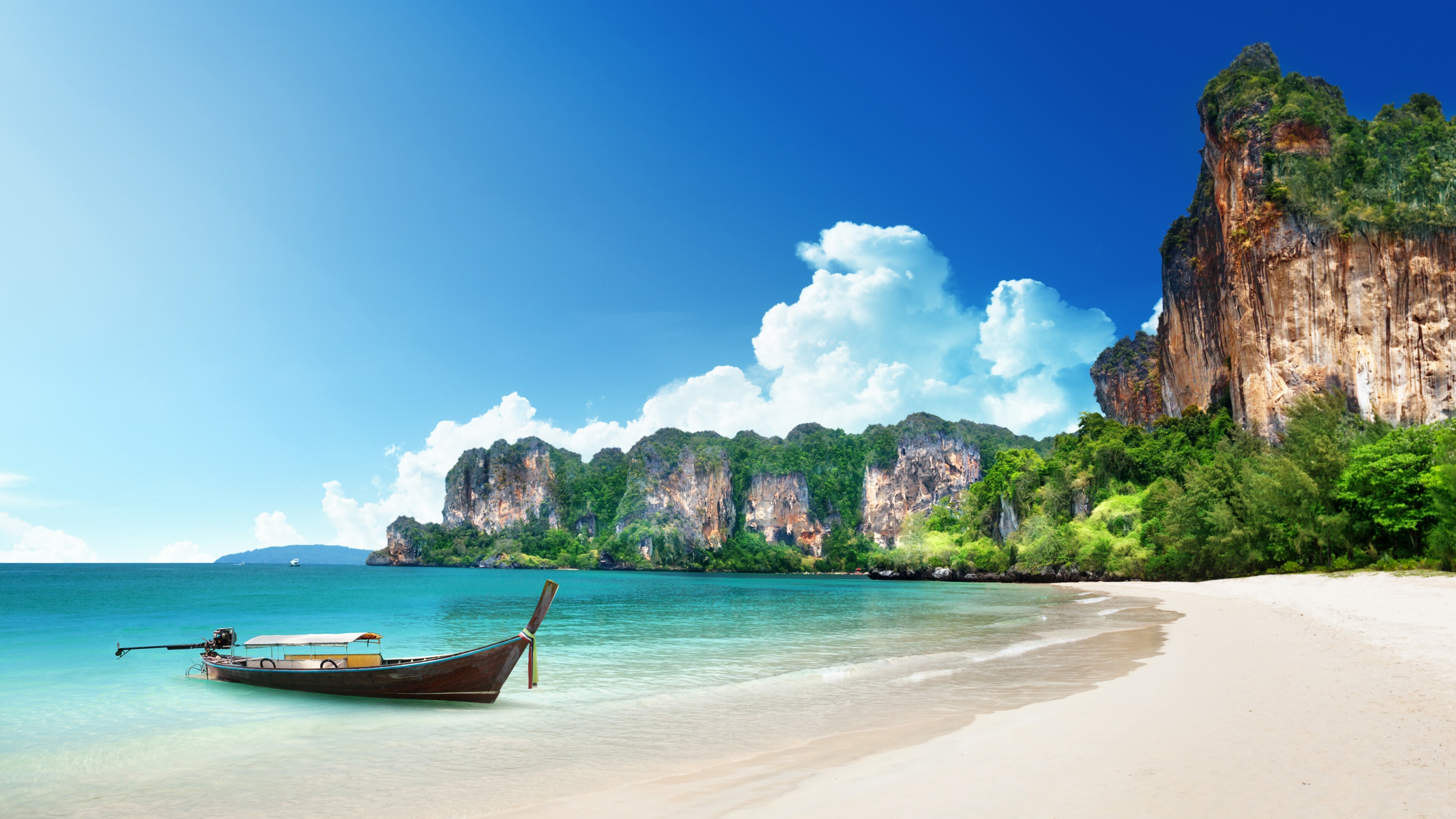 Island: Thailand, Beach, Shore, Boat, Rocks, Travel, Nature. 3840x2160 4K Background.