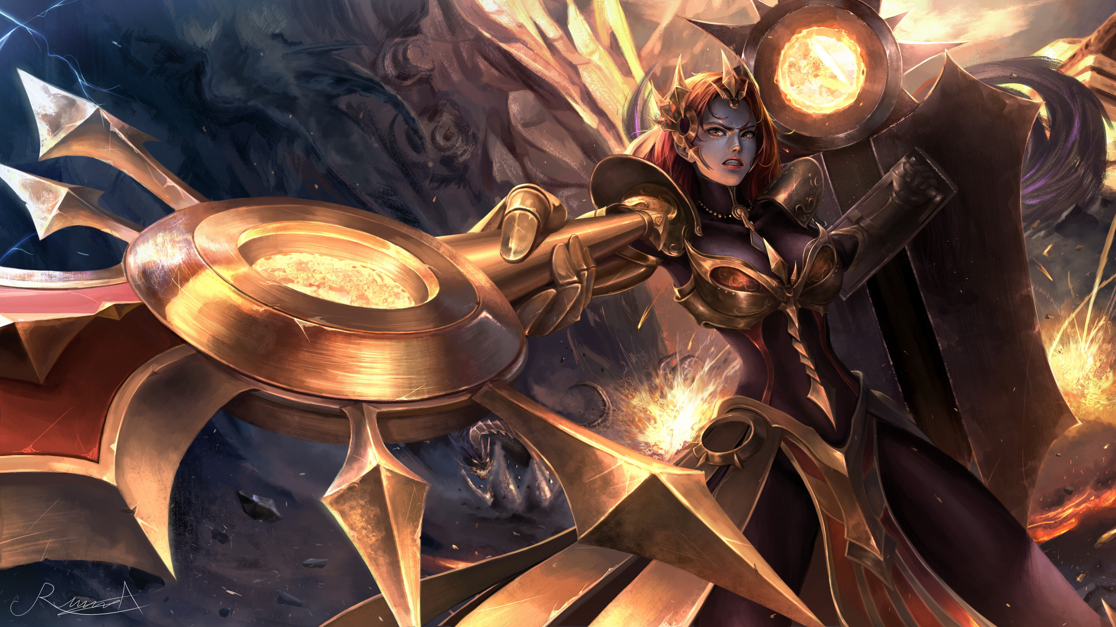 League of Legends: Leona, LoL, Defends Mount Targon using her Zenith Blade and Shield for Daybreak. 3840x2160 4K Background.